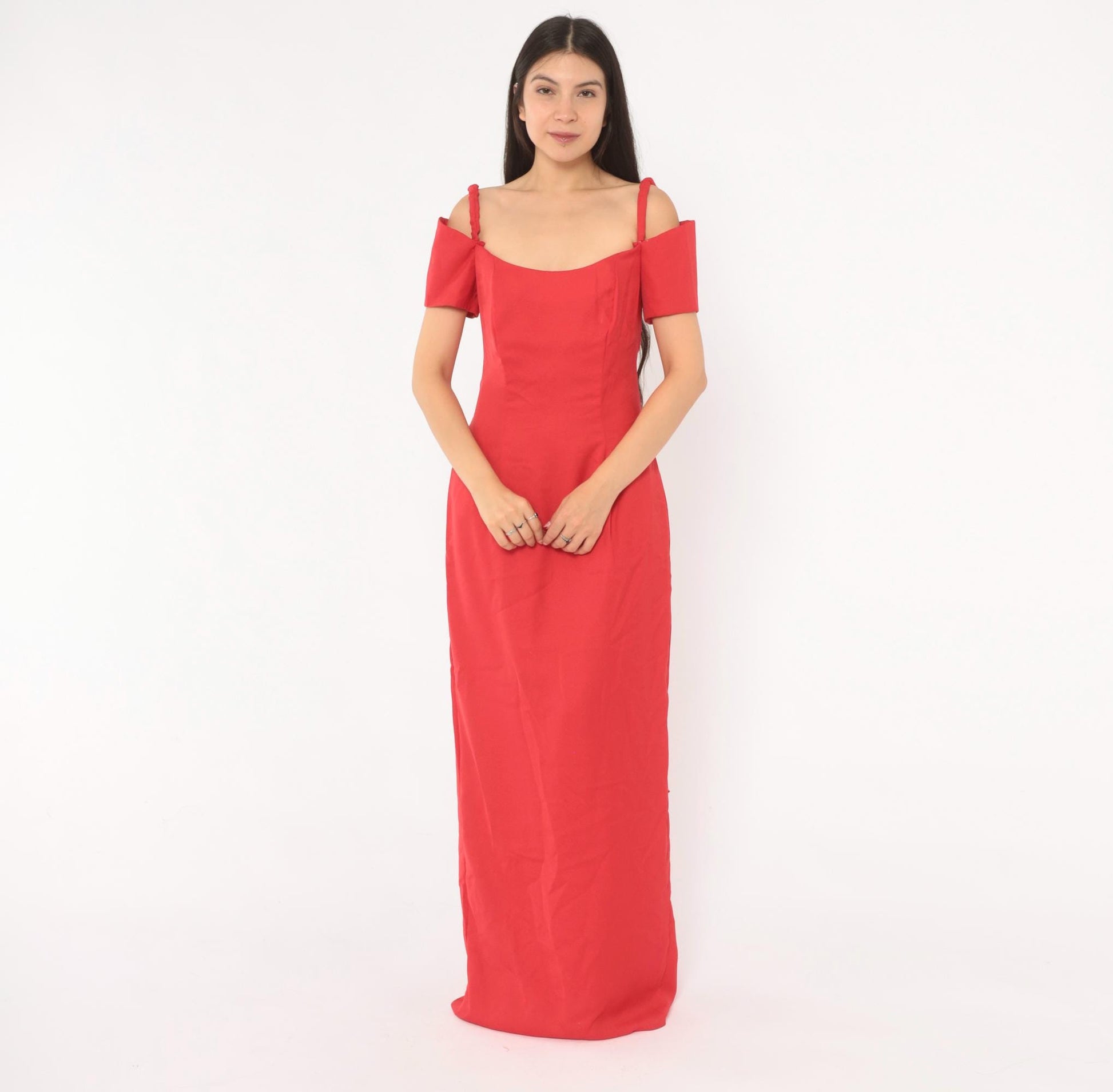 90s Red Off-Shoulder Maxi Gown Spaghetti Strap Bow Back Medium M