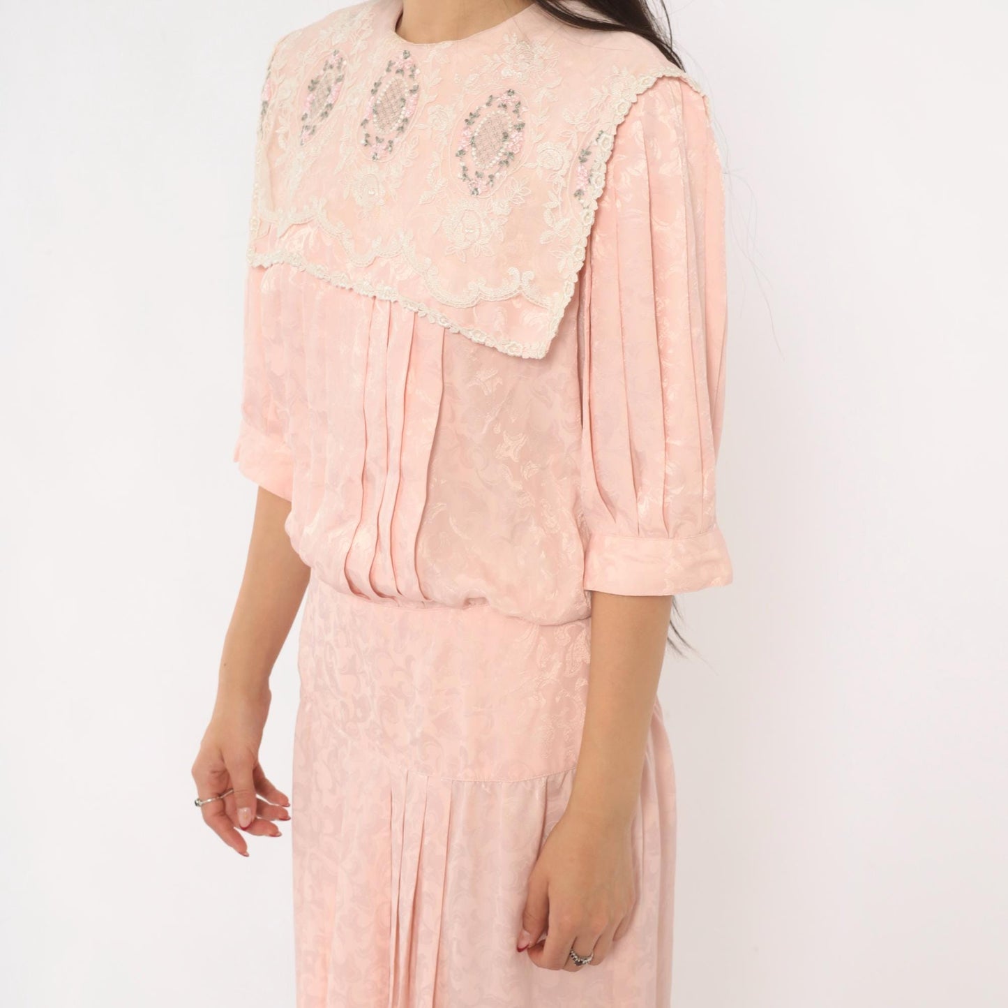 80s Nilani Blush Pink Maxi Dress Lace Cape Collar Floral Jacquard Small