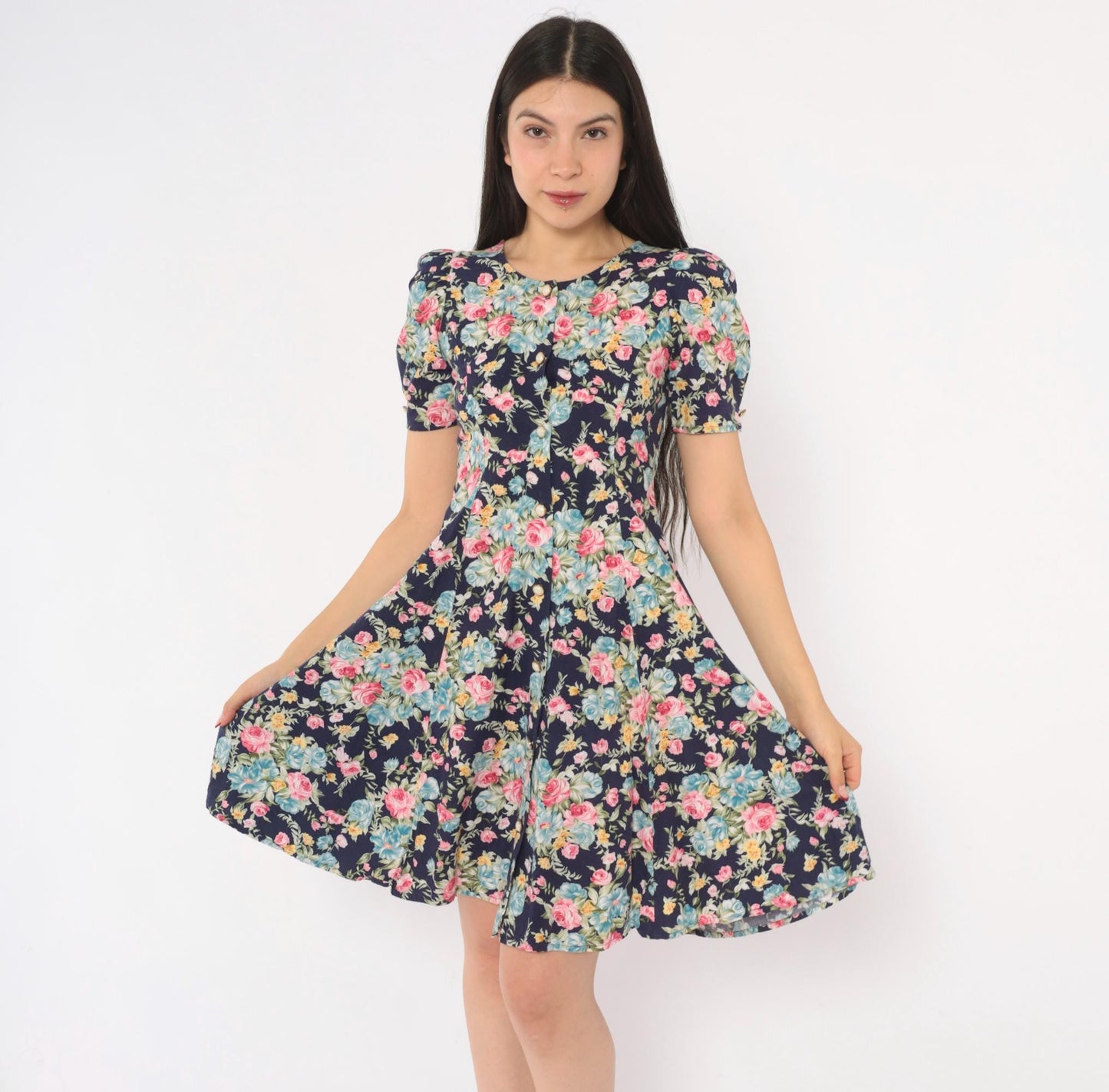 90s Sweet Soda Floral Mini Dress Navy Puff Sleeve Lace-Up Cotton XXS