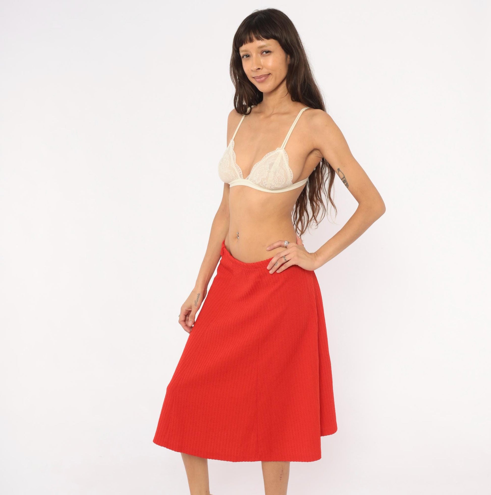 70s Ecco Bay Red A-Line Skirt Ribbed Pleated Knee-Length Large L