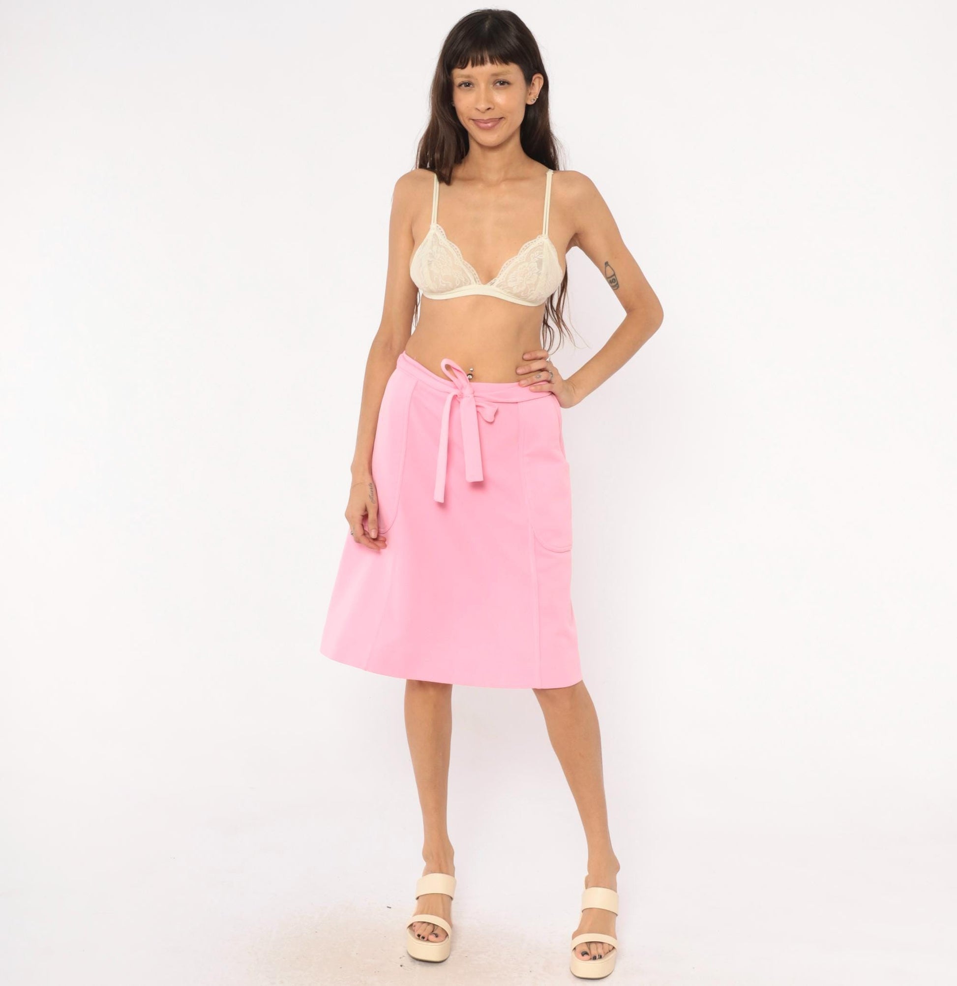 70s Bubblegum Pink Wrap Skirt Tie Waist Patch Pockets Knee-Length Medium
