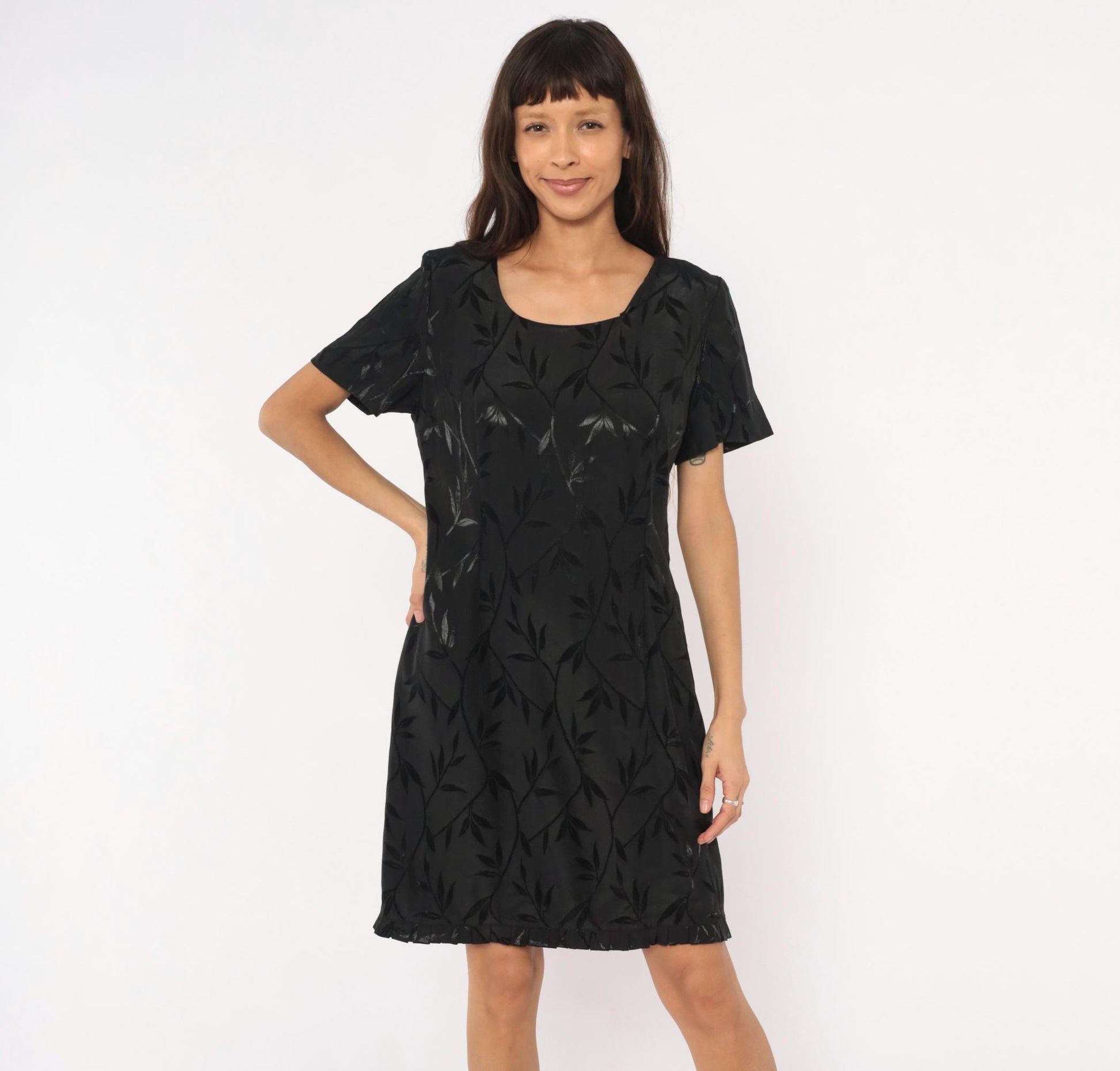 90s Giorgio Fiorlini Black Jacquard Leaf Shift Dress Scoop Neck Large L