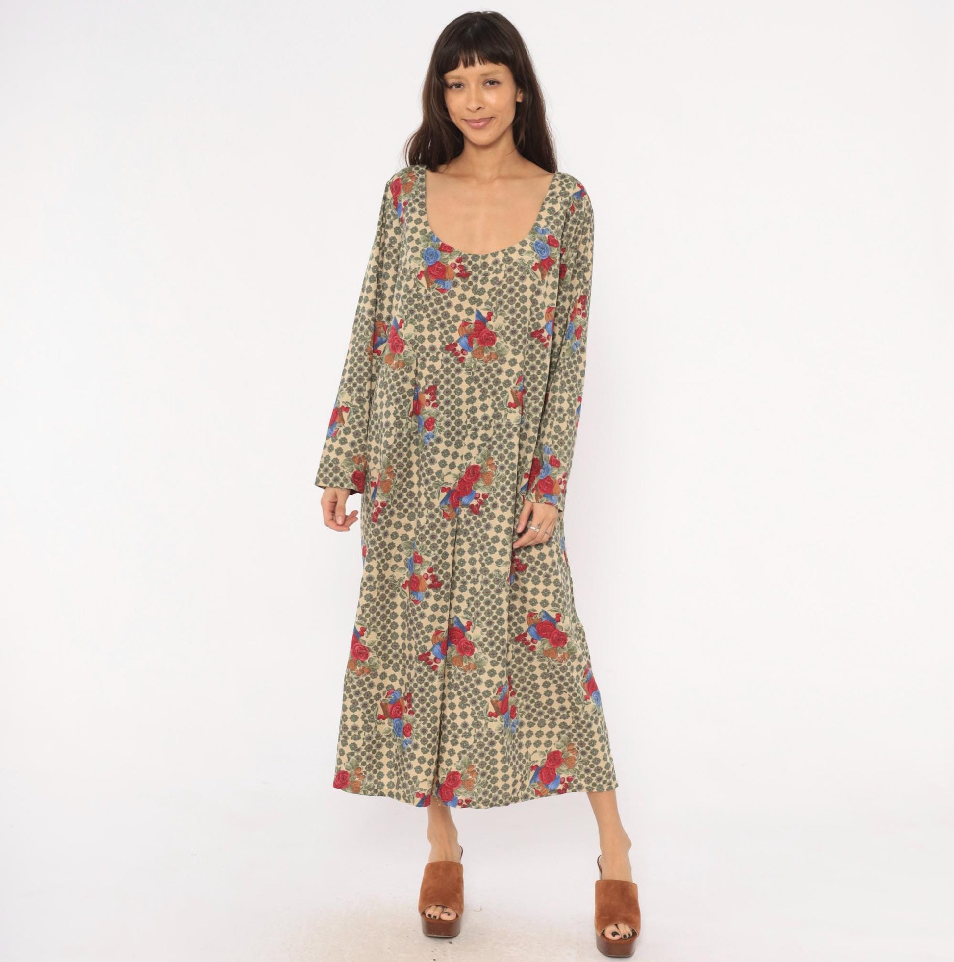 90s Floral Jumpsuit Cream Scoop Neck Long Sleeve Rose Medallion Print Large L