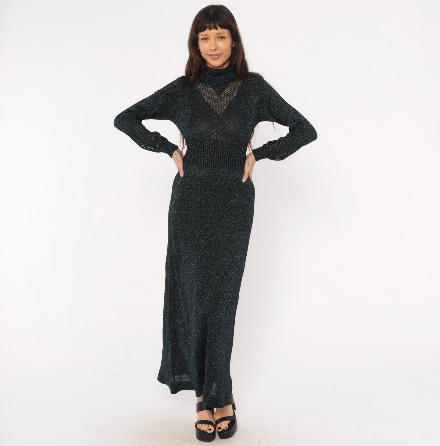 70s Wenjilli Navy Lurex Knit Maxi Dress Metallic Chevron Panel Bishop Sleeve Small
