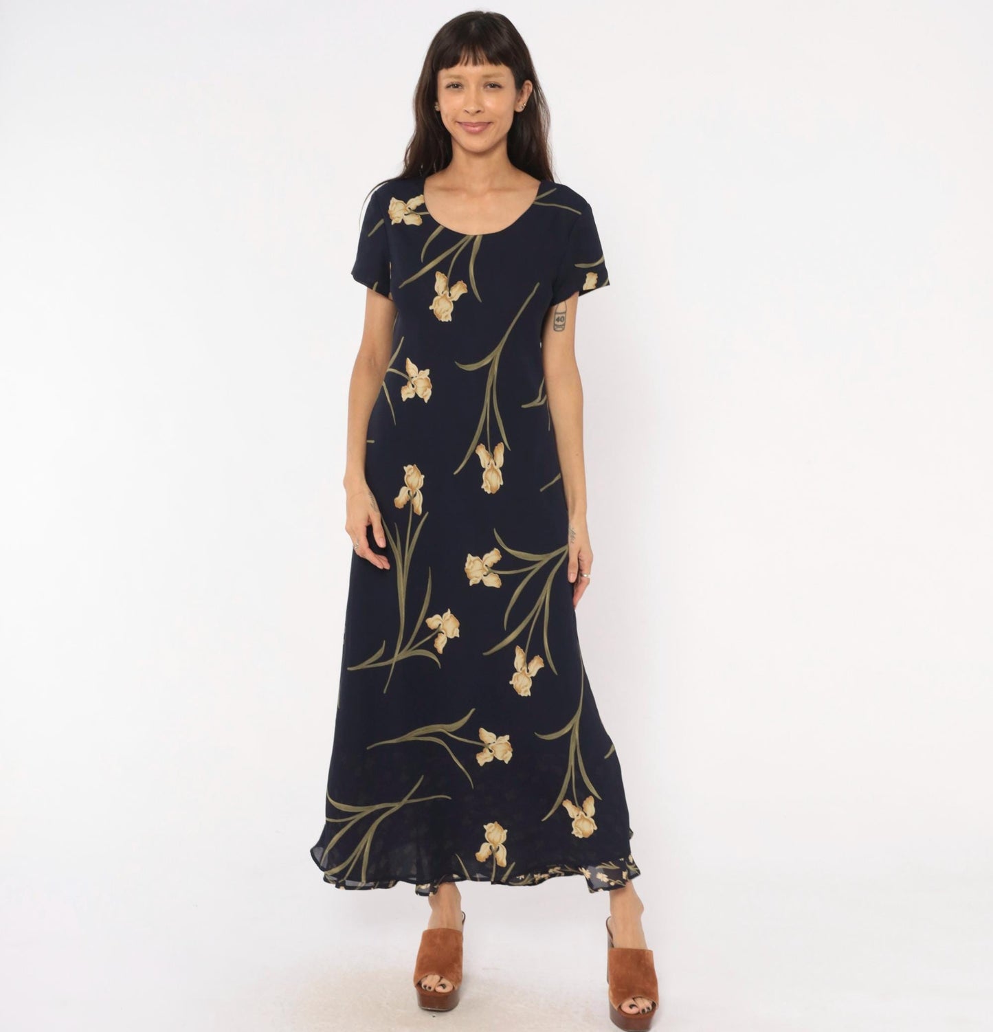 90s Jessica Howard Navy Iris Maxi Dress Botanical Print Medium M