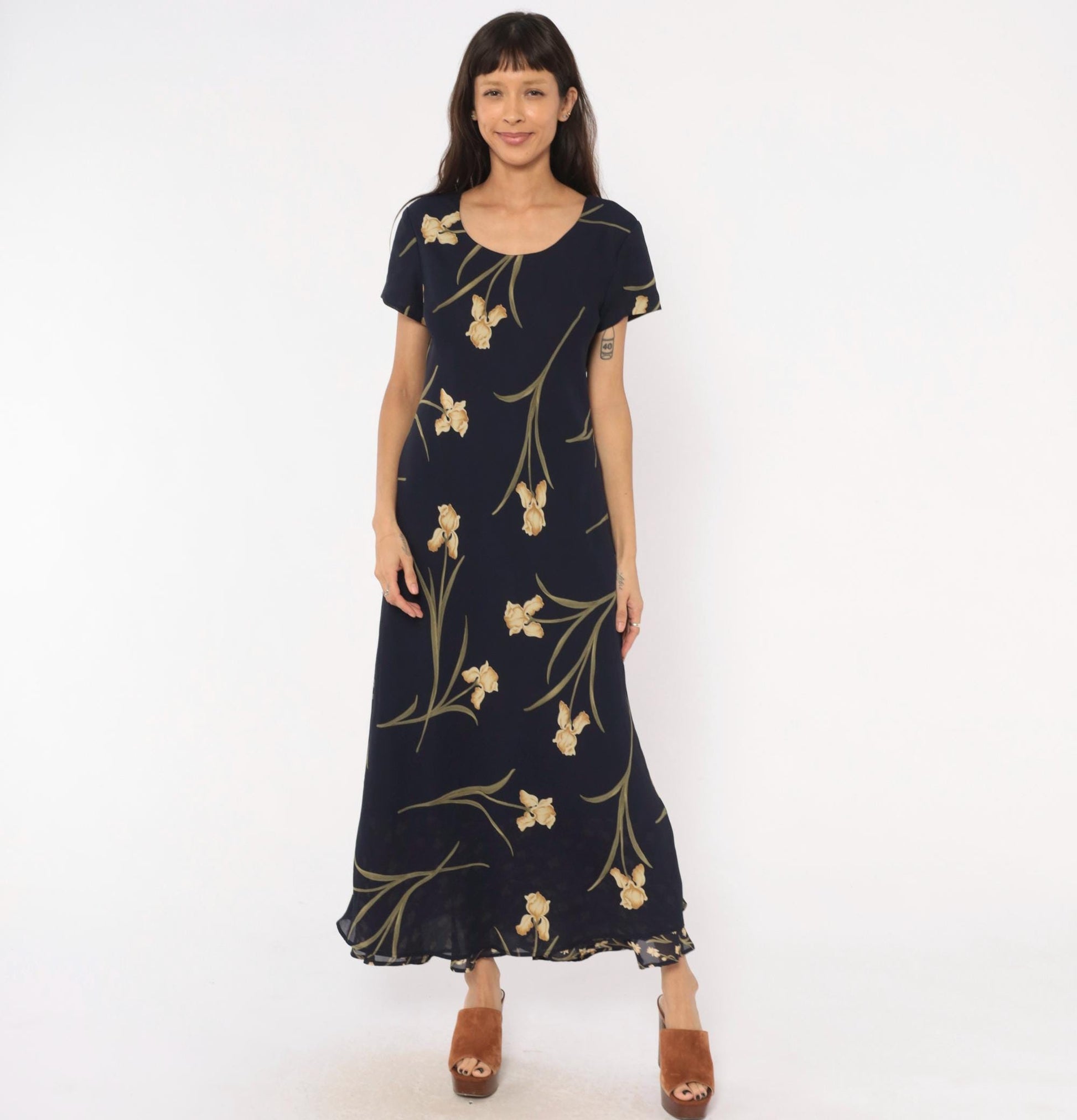 90s Jessica Howard Navy Iris Maxi Dress Botanical Print Medium M