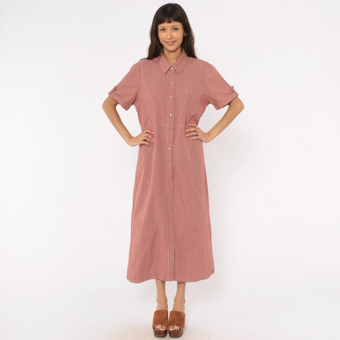 90s White Stag Gingham Shirtdress Red Cream Check Cotton Maxi Extra Large