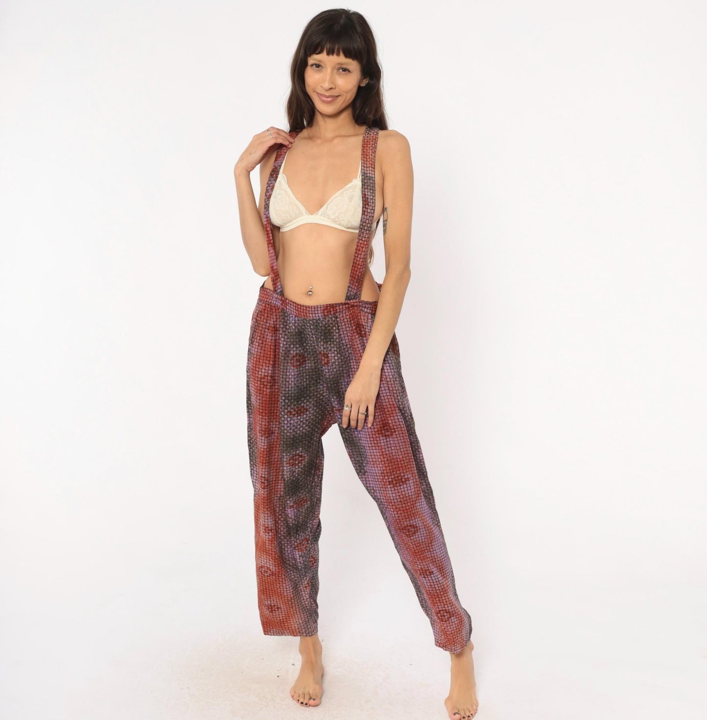 90s Tie Dye Suspender Pants Grid Print Pleated Trousers Purple Brown Medium M