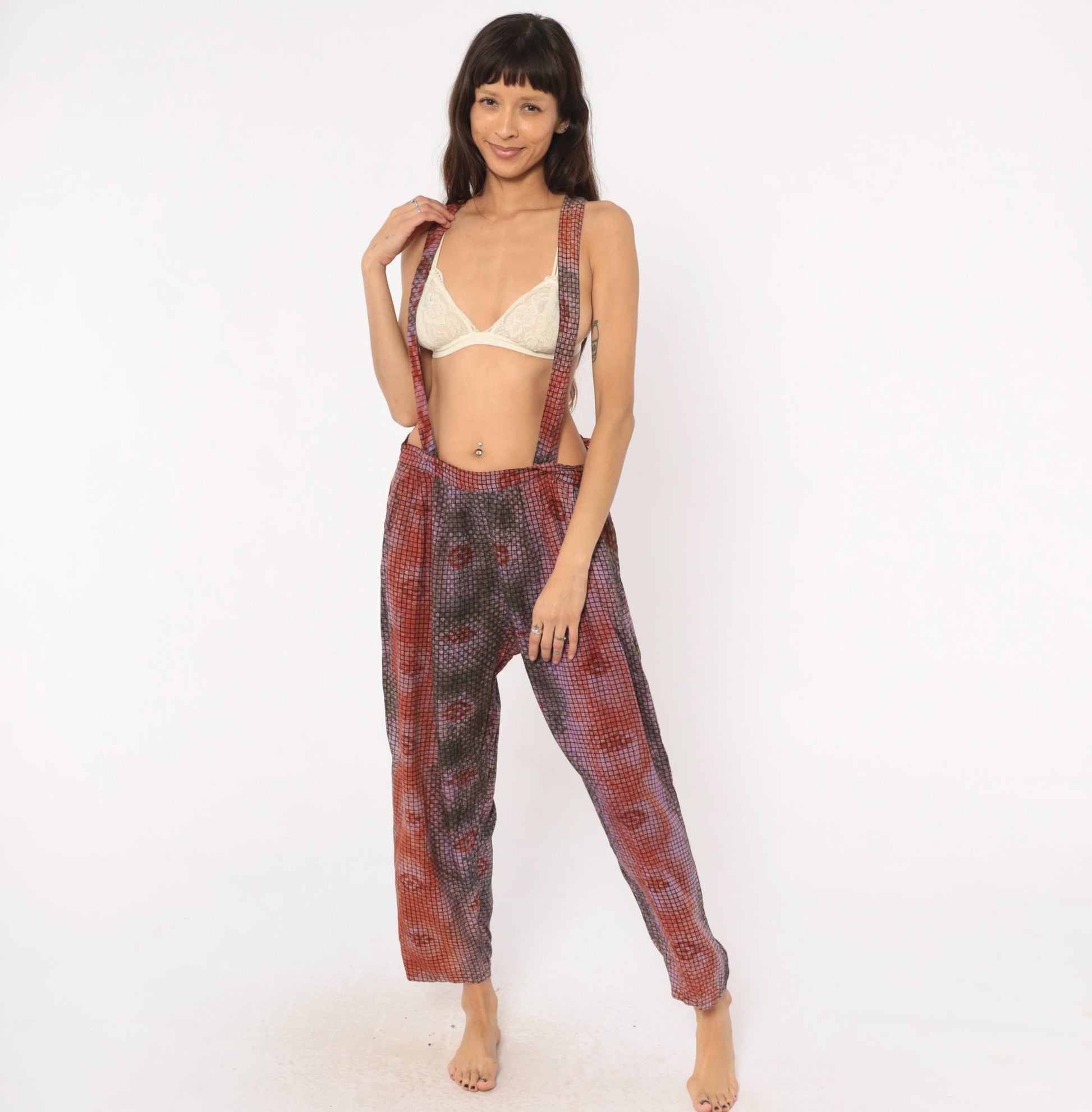90s Tie Dye Suspender Pants Grid Print Pleated Trousers Purple Brown Medium M