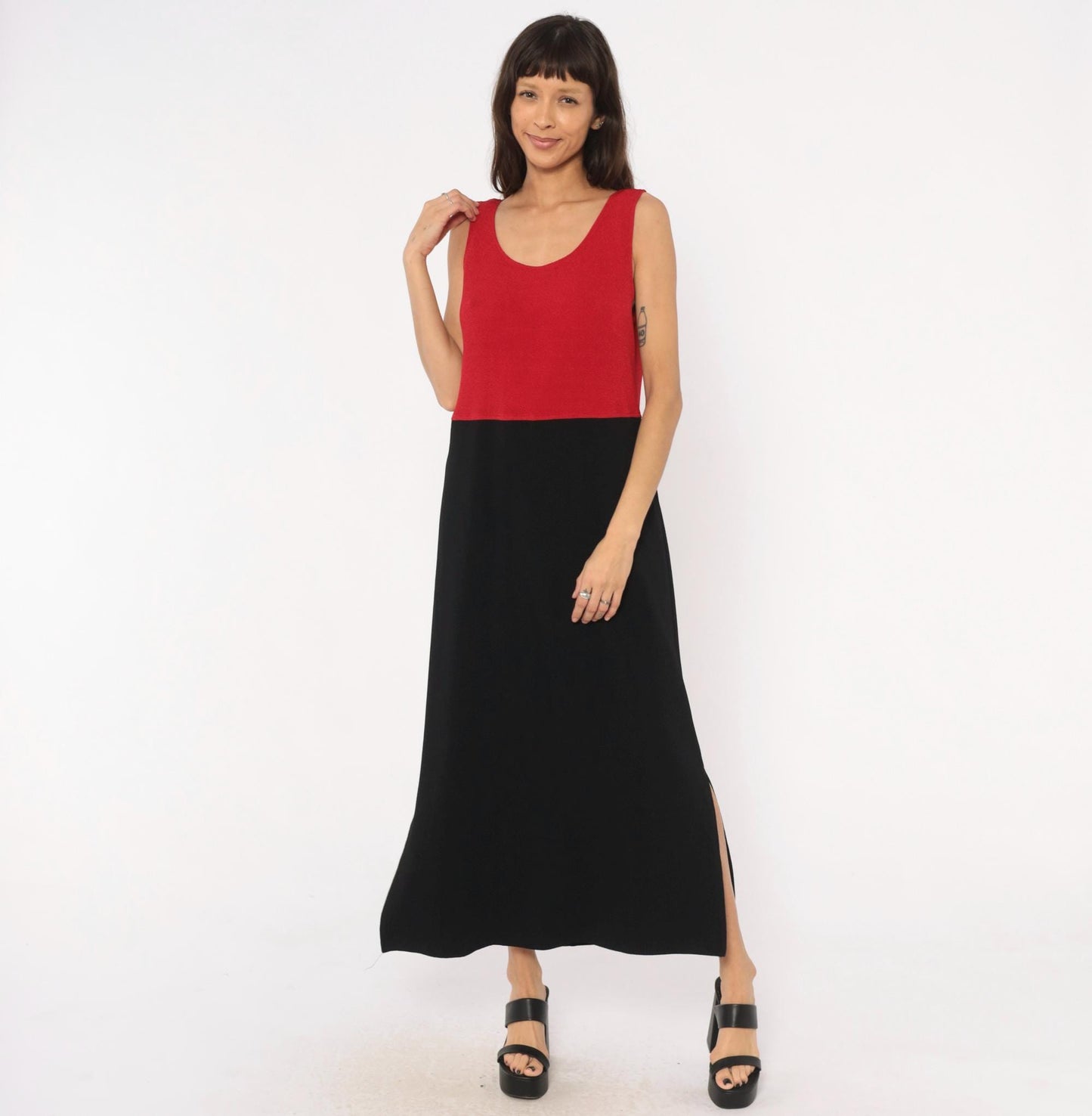 90s Positive Attitude Color Block Maxi Dress Red Black Sleeveless Large L