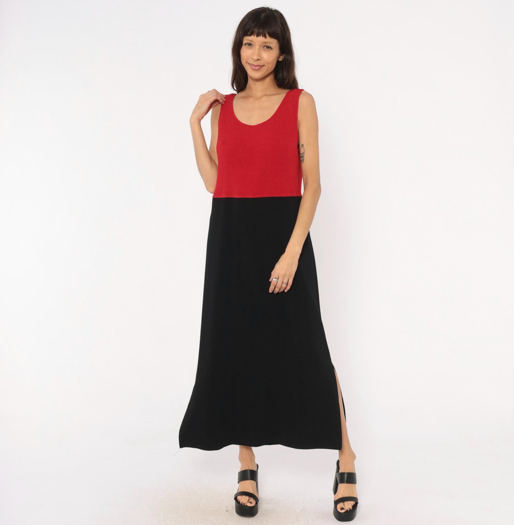 90s Positive Attitude Color Block Maxi Dress Red Black Sleeveless Large L
