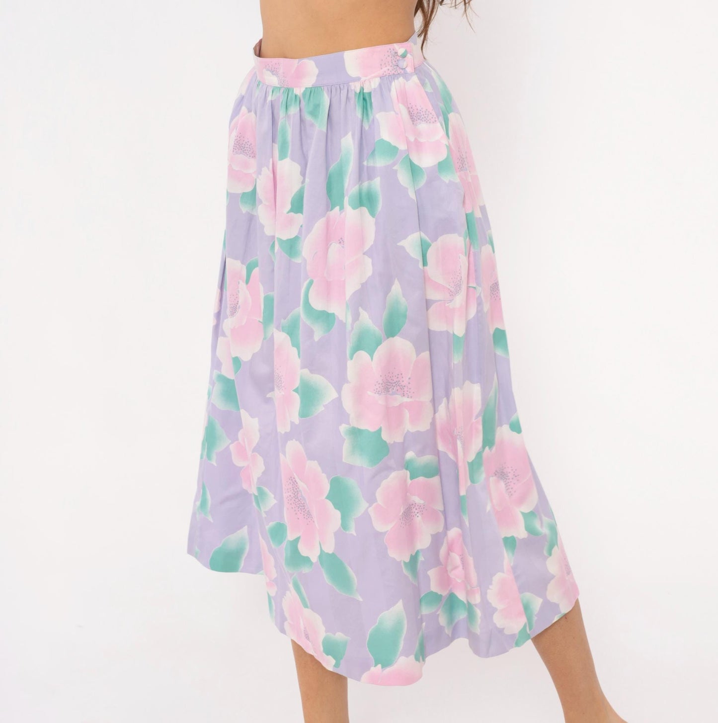 80s Prophecy Floral Midi Skirt Lavender Pink Rose Print Cotton Medium M