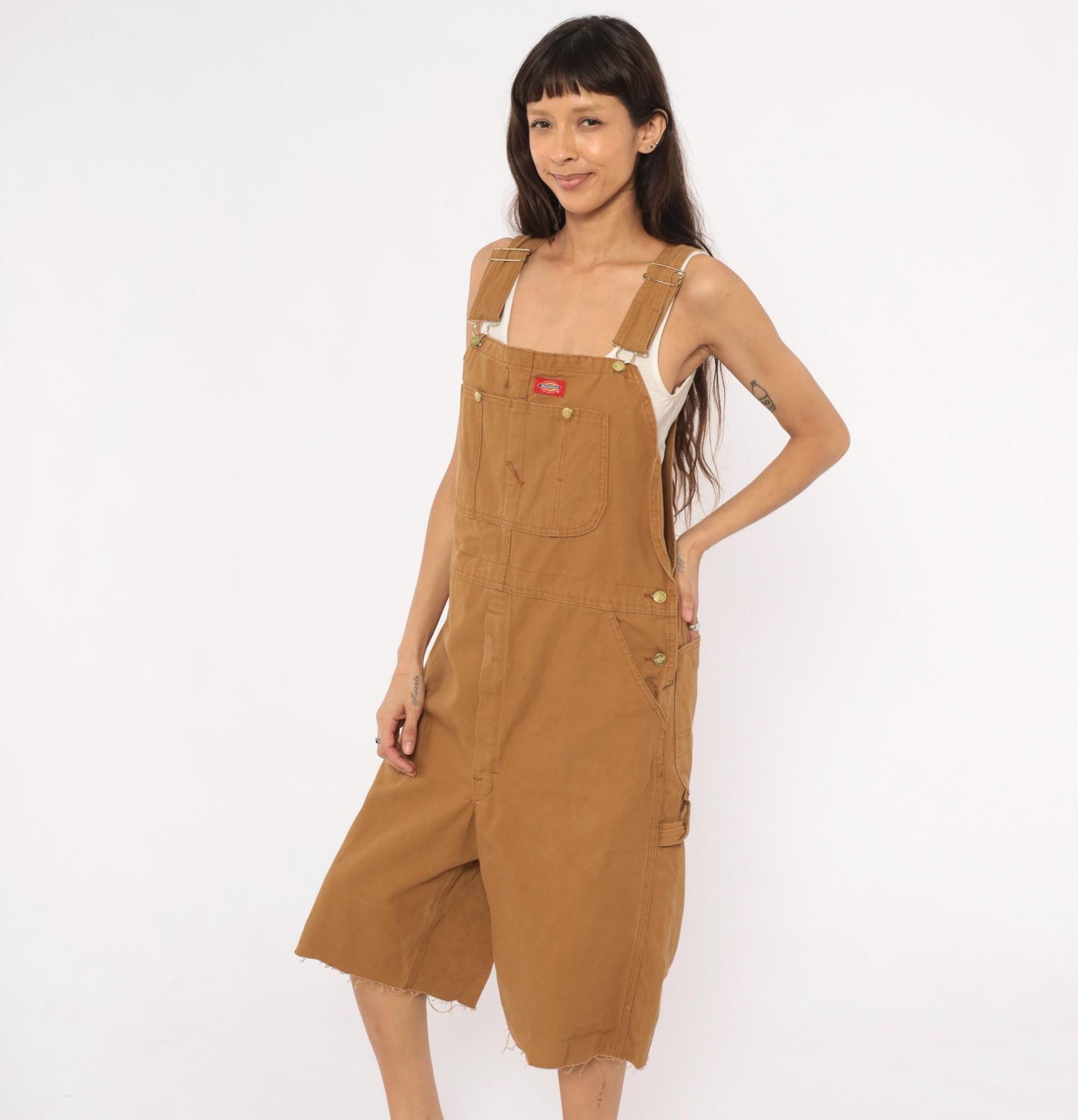 Dickies Canvas Bib Shortalls Cut-Off Shorts Tan Cargo Workwear Large L