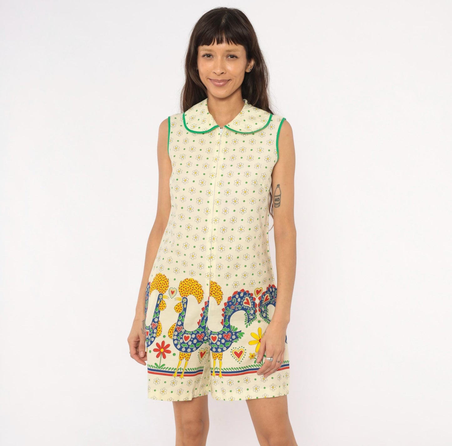 70s Gaymode Penneys Rooster Romper Daisy Print Peter Pan Collar Yellow Small