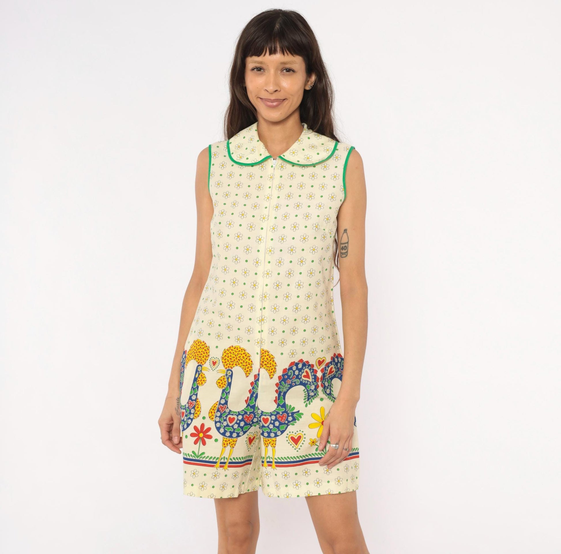 70s Gaymode Penneys Rooster Romper Daisy Print Peter Pan Collar Yellow Small
