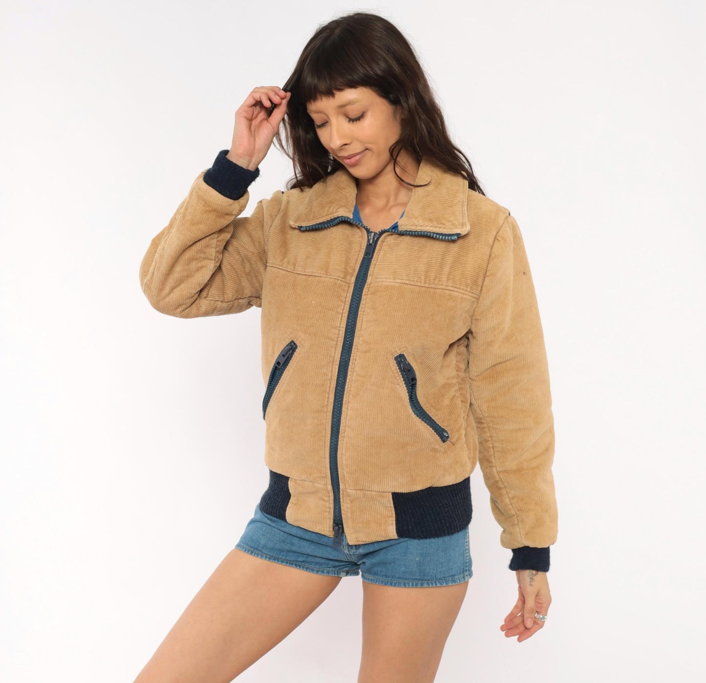 70s Sports B Corduroy Bomber Jacket Tan Quilted Padded Small S