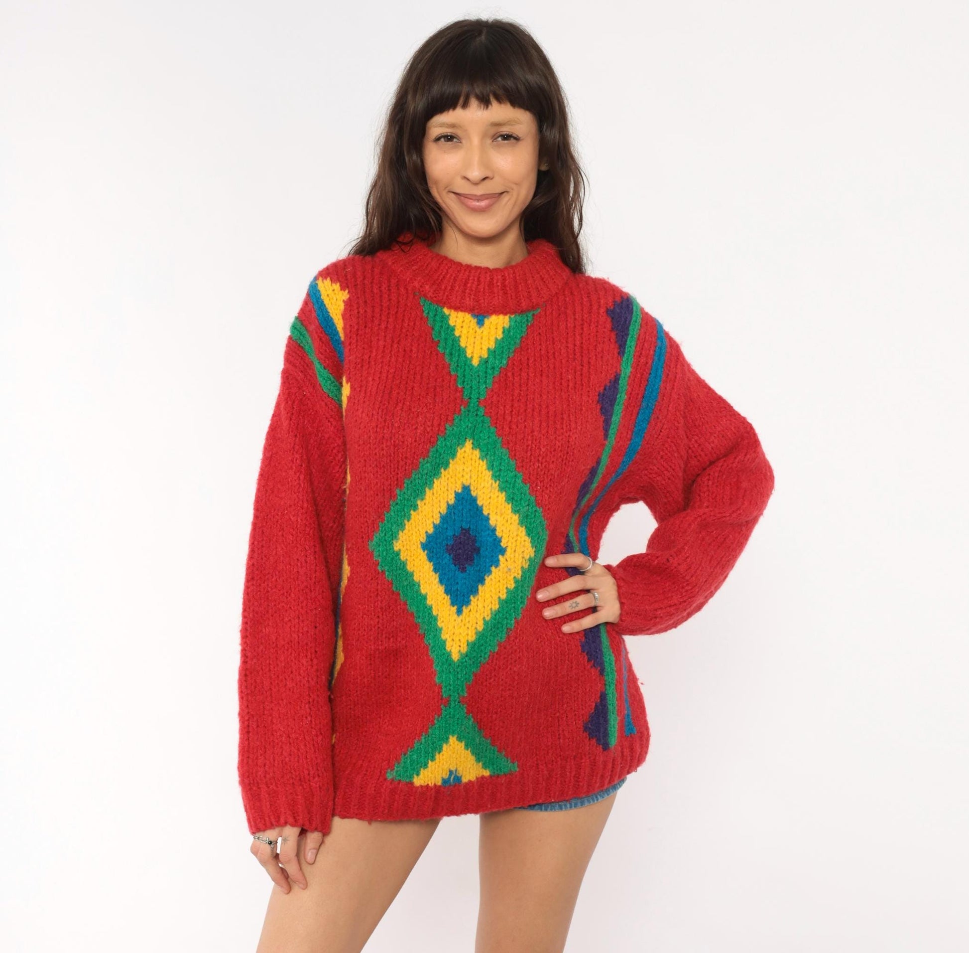 90s Willow Bay Southwestern Diamond Knit Pullover Red Green Blue Medium