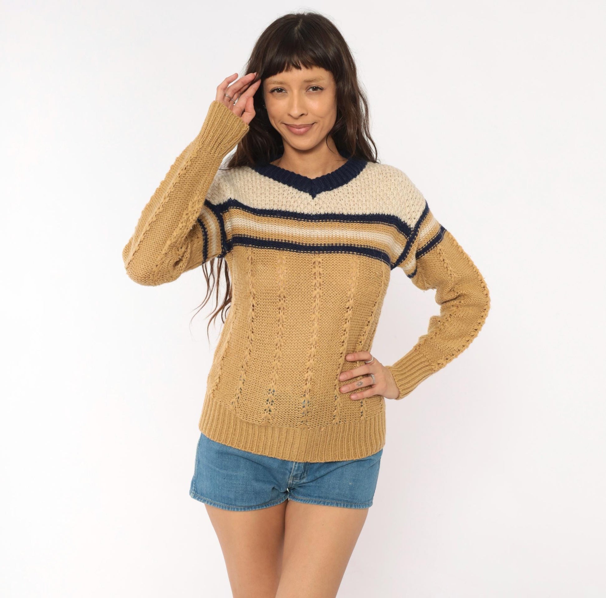 70s Fully Fashioned Cable Knit V-Neck Sweater Tan Navy Cream Striped Small