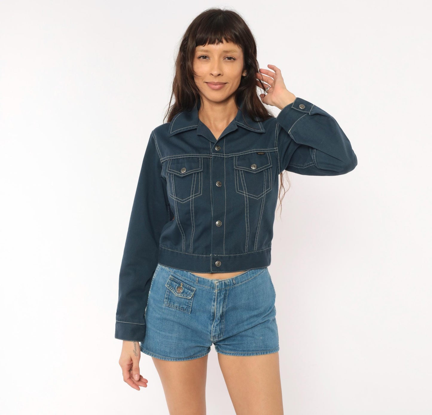 70s Montgomery Ward Cropped Trucker Jacket Navy Snap Front Pointed Collar XXS