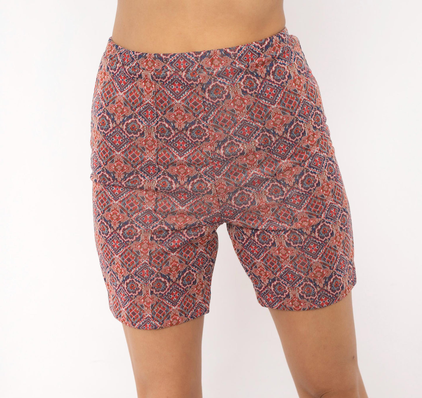 70s Geometric Diamond Medallion Tapestry Biker Shorts Red Navy High-Rise XS