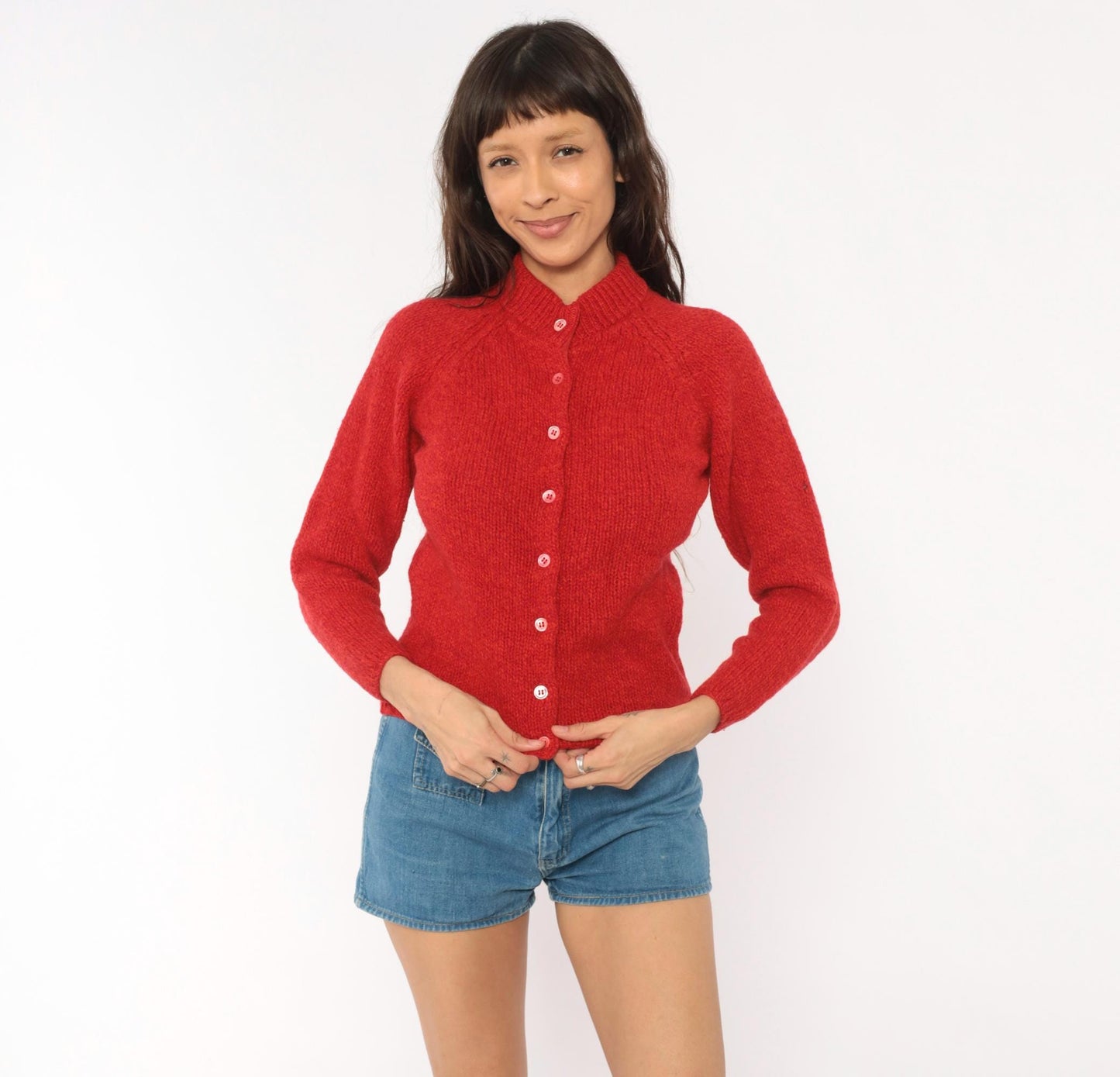 70s Bernhard Altmann Red Shetland Wool Cardigan Mock Neck Extra Small XS