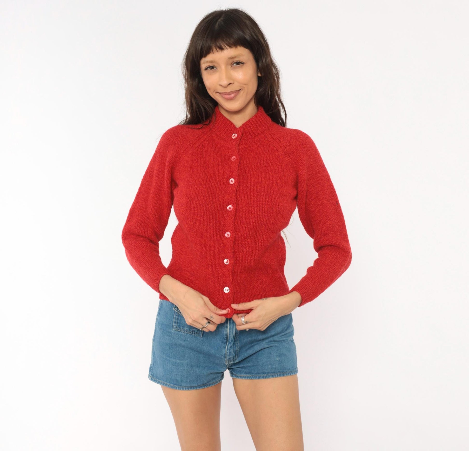 70s Bernhard Altmann Red Shetland Wool Cardigan Mock Neck Extra Small XS