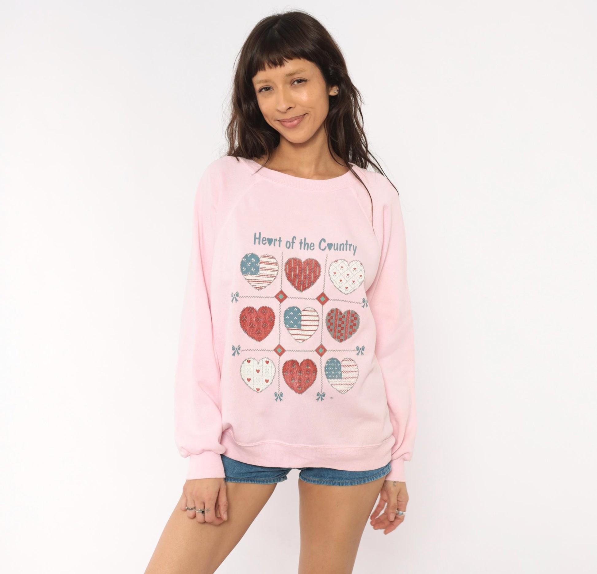 90s Heart of the Country Pink Patchwork Sweatshirt Raglan Cotton Medium M