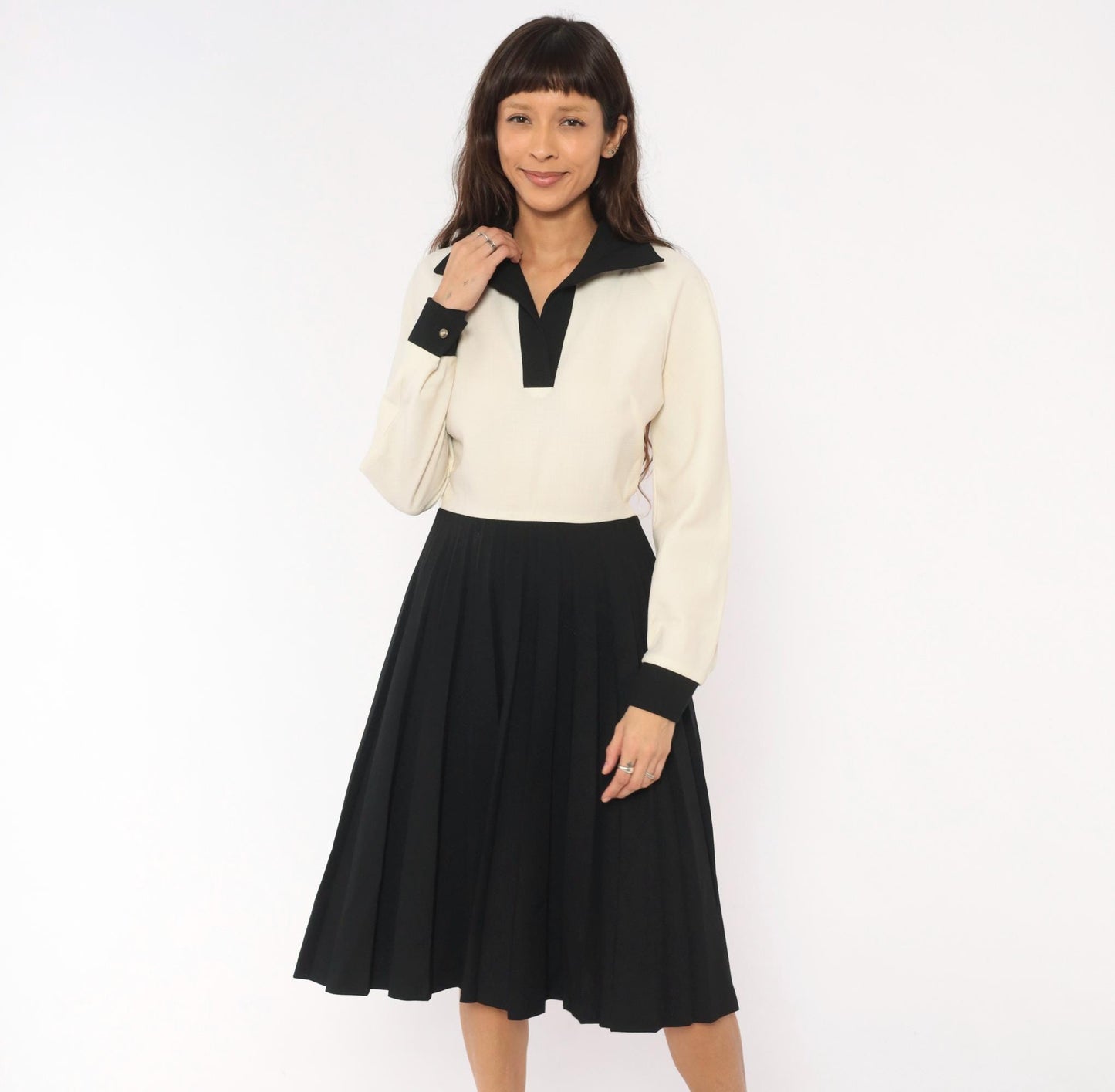 70s Herman Marcus Cream Black Colorblock Polo Dress Knee Length Small