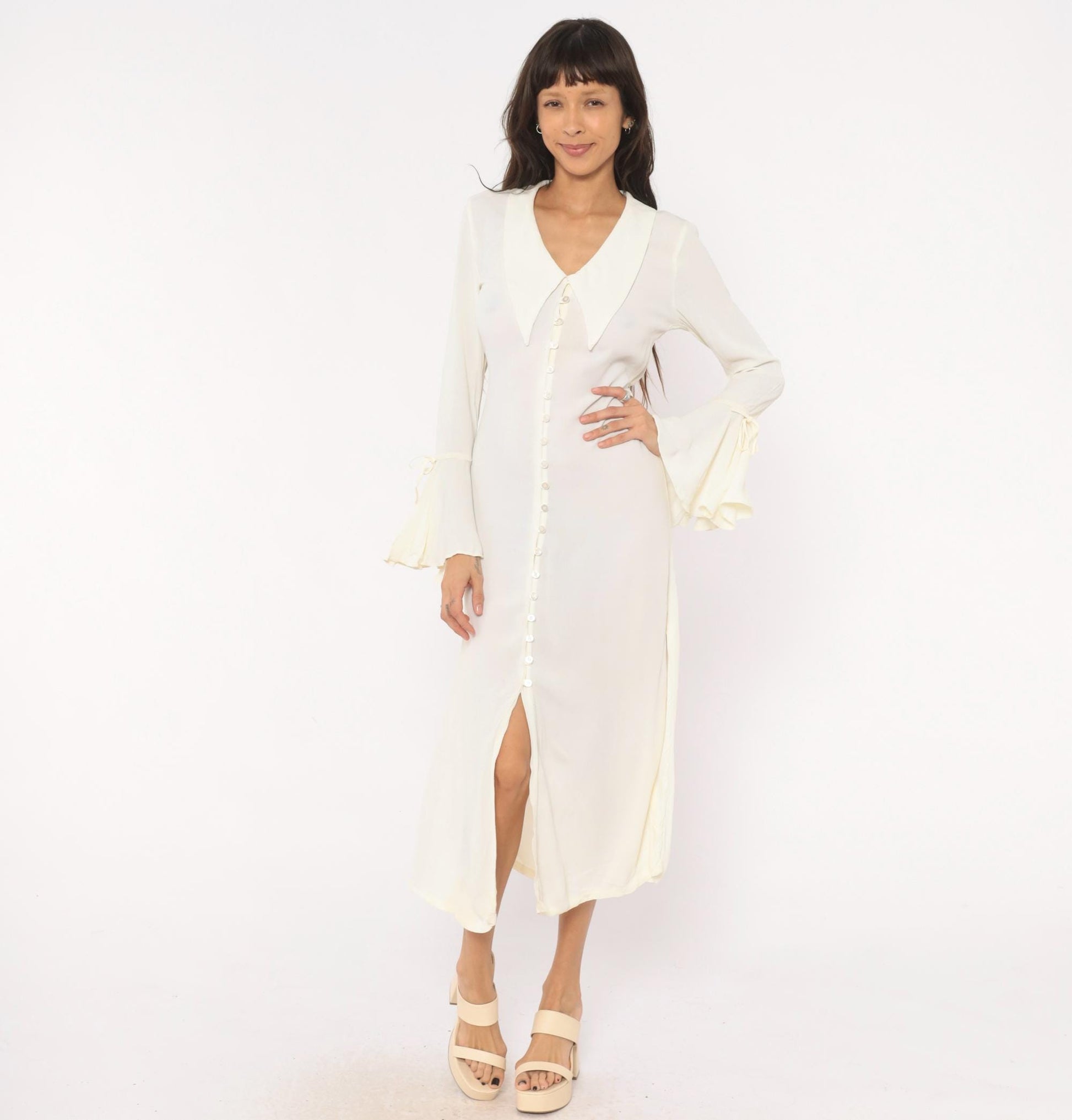90s Joukar Cream Midi Dress Bell Sleeve V Neck Button Front Medium