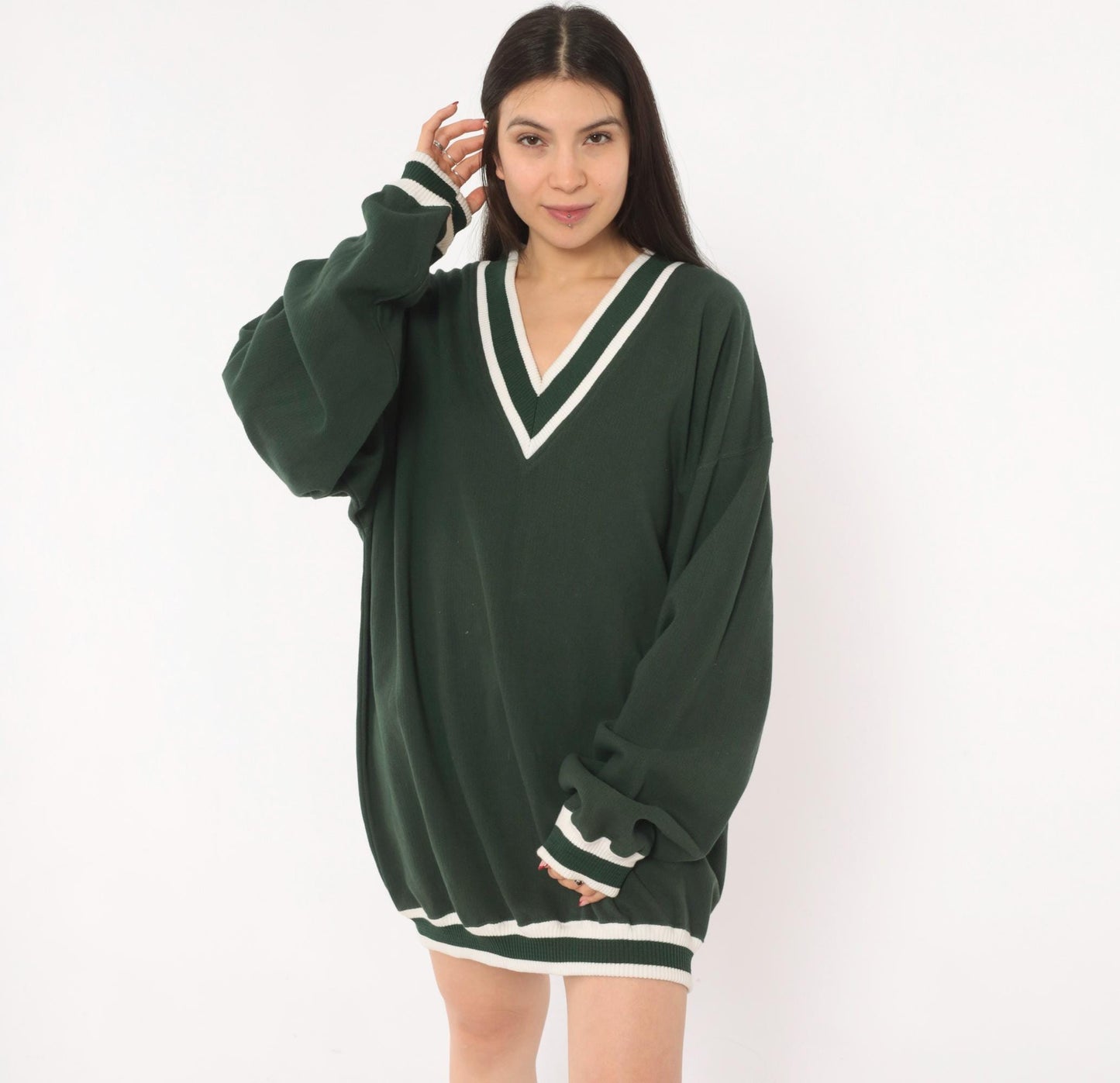 90s Pluma Forest Green V-Neck Sweater Striped Collegiate Tennis Extra Large XL