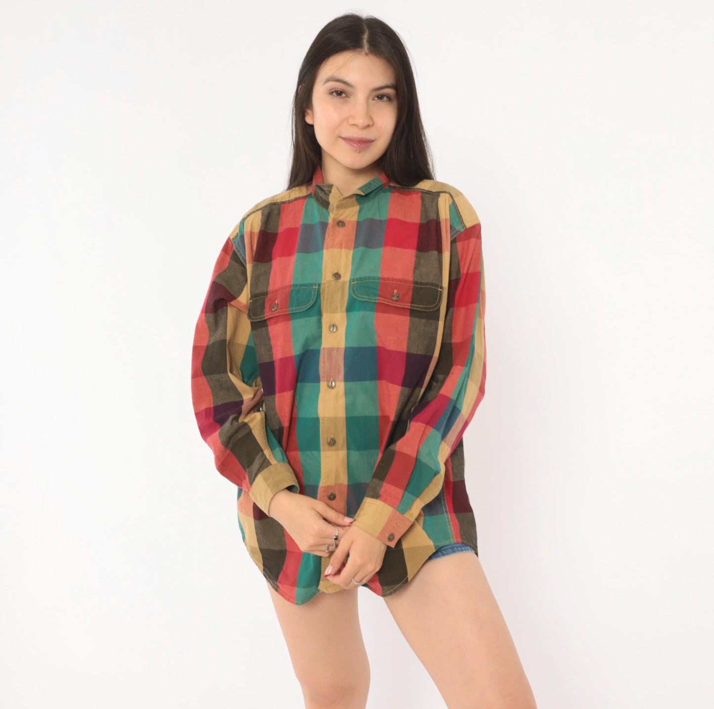 90s Lizwear Plaid Flannel Shirt Button Front Red Teal Cotton Medium