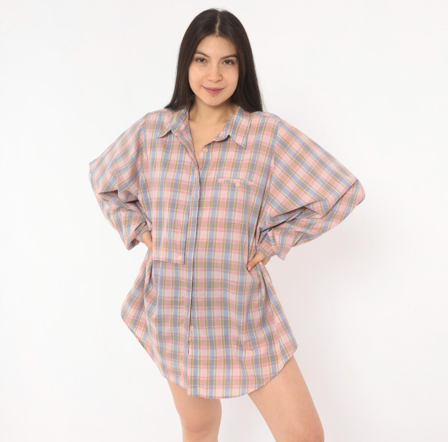 90s Cali Plaid Button Front Shirt Pink Periwinkle Cotton Plus Size 1X