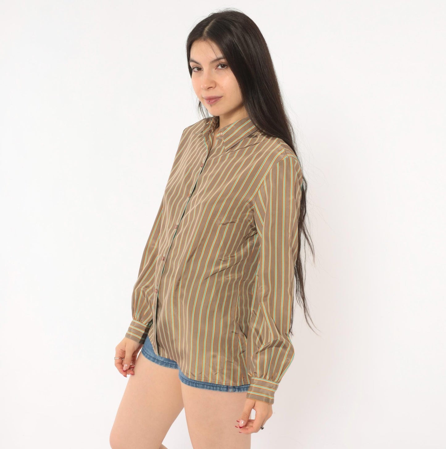 80s Jebb Levy Striped Button-Up Shirt Tan Teal Yellow Pinstripe Medium