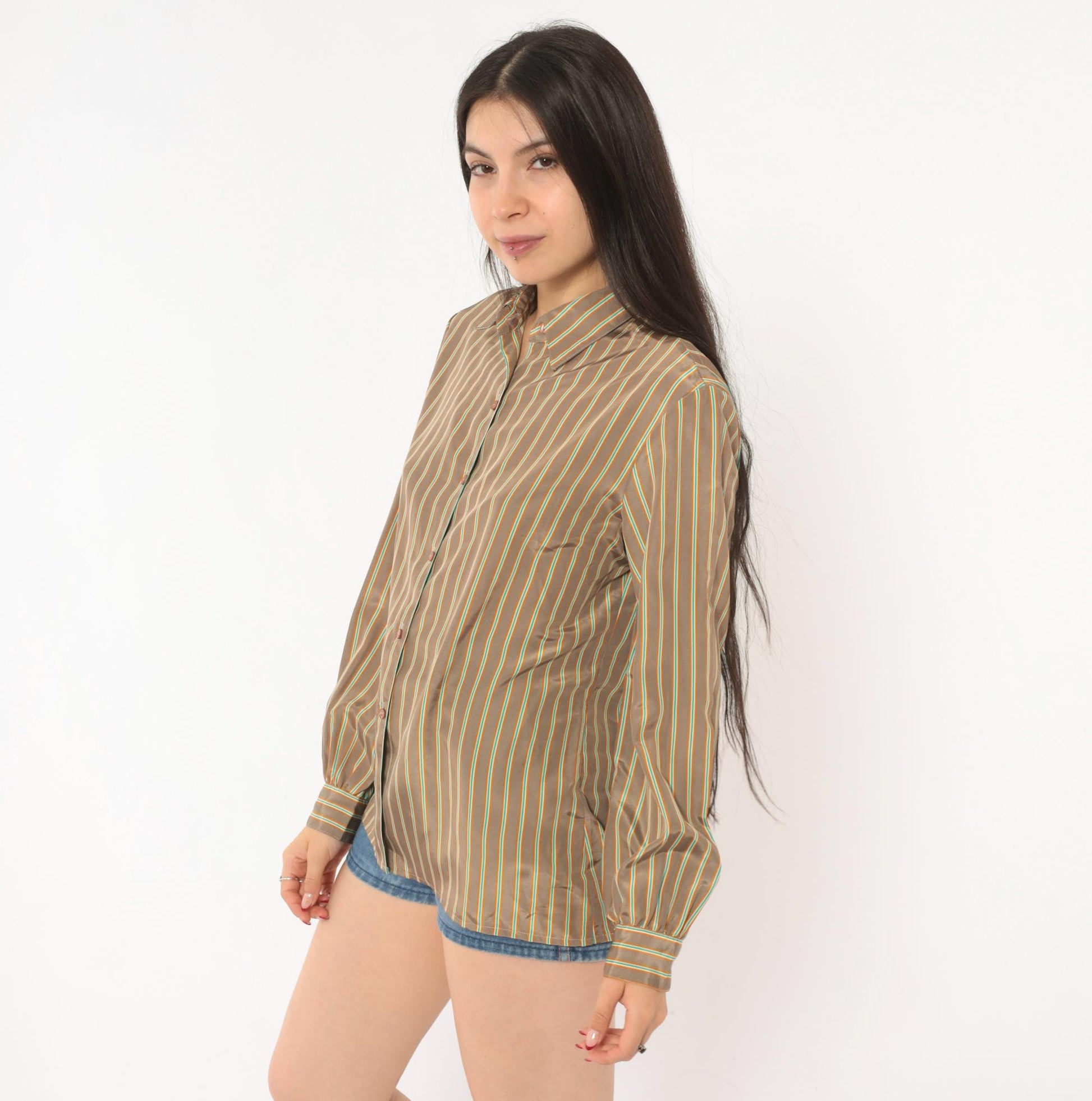 80s Jebb Levy Striped Button-Up Shirt Tan Teal Yellow Pinstripe Medium