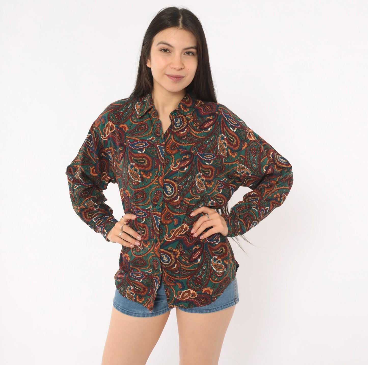 90s Basic Editions Paisley Button Up Shirt Teal Burgundy Small S