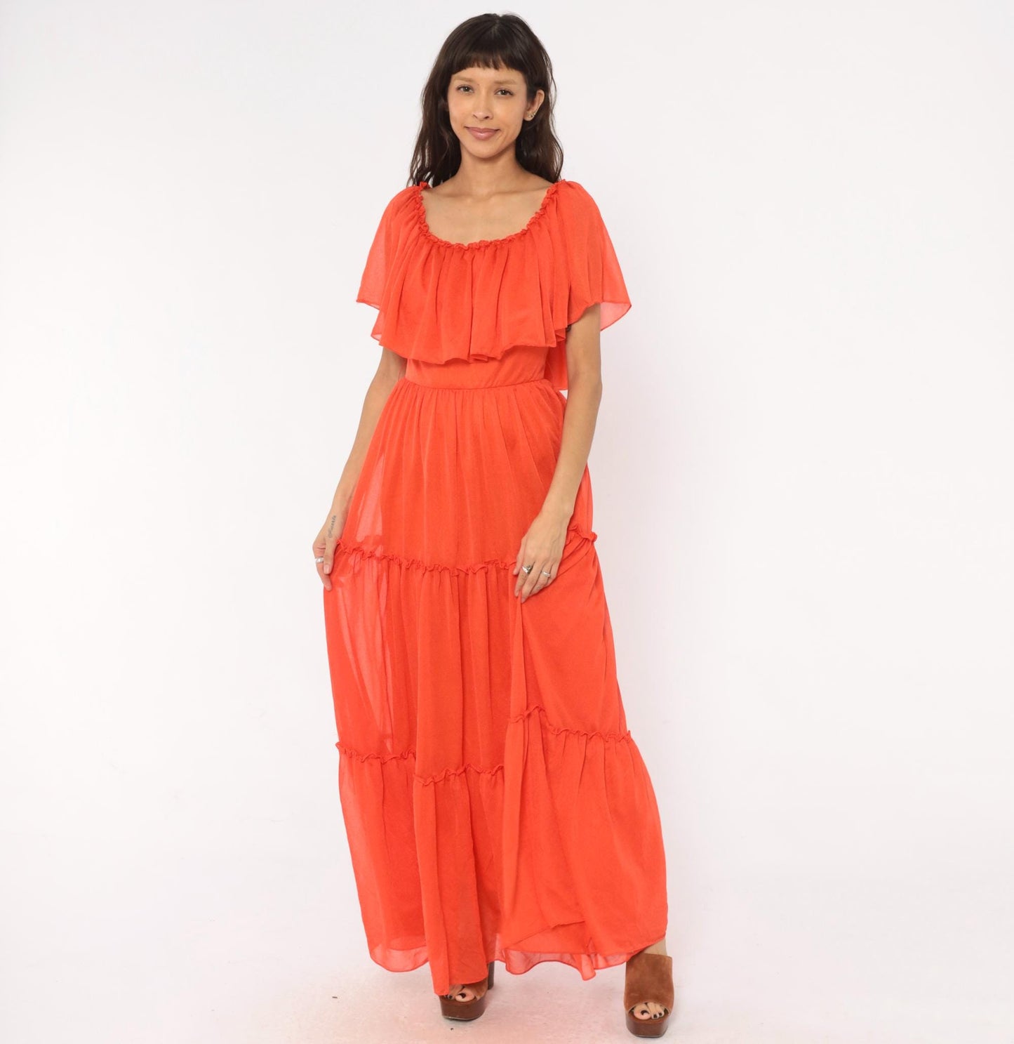 70s Coral Orange Maxi Dress Tiered Ruffle Cape Flutter Sleeve Small
