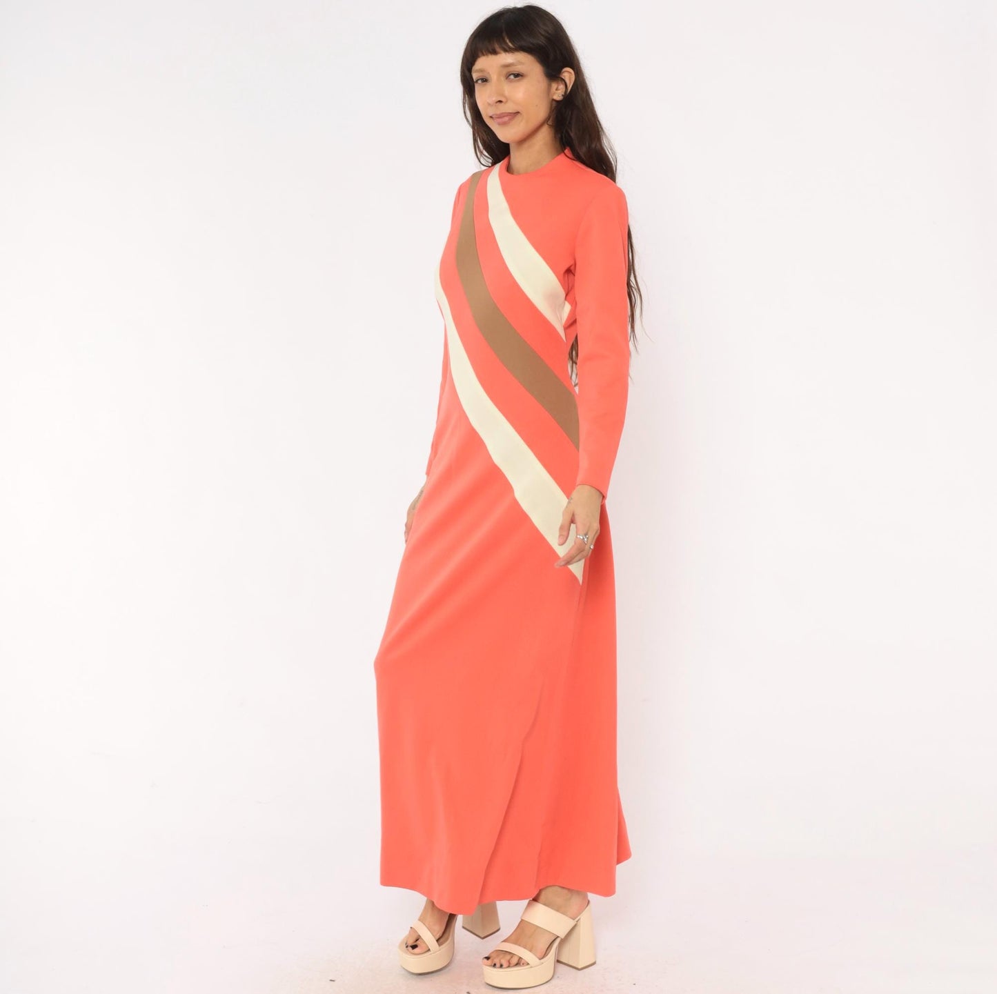 70s Puritan Forever Young Coral Stripe Maxi Dress Mock Neck Medium M
