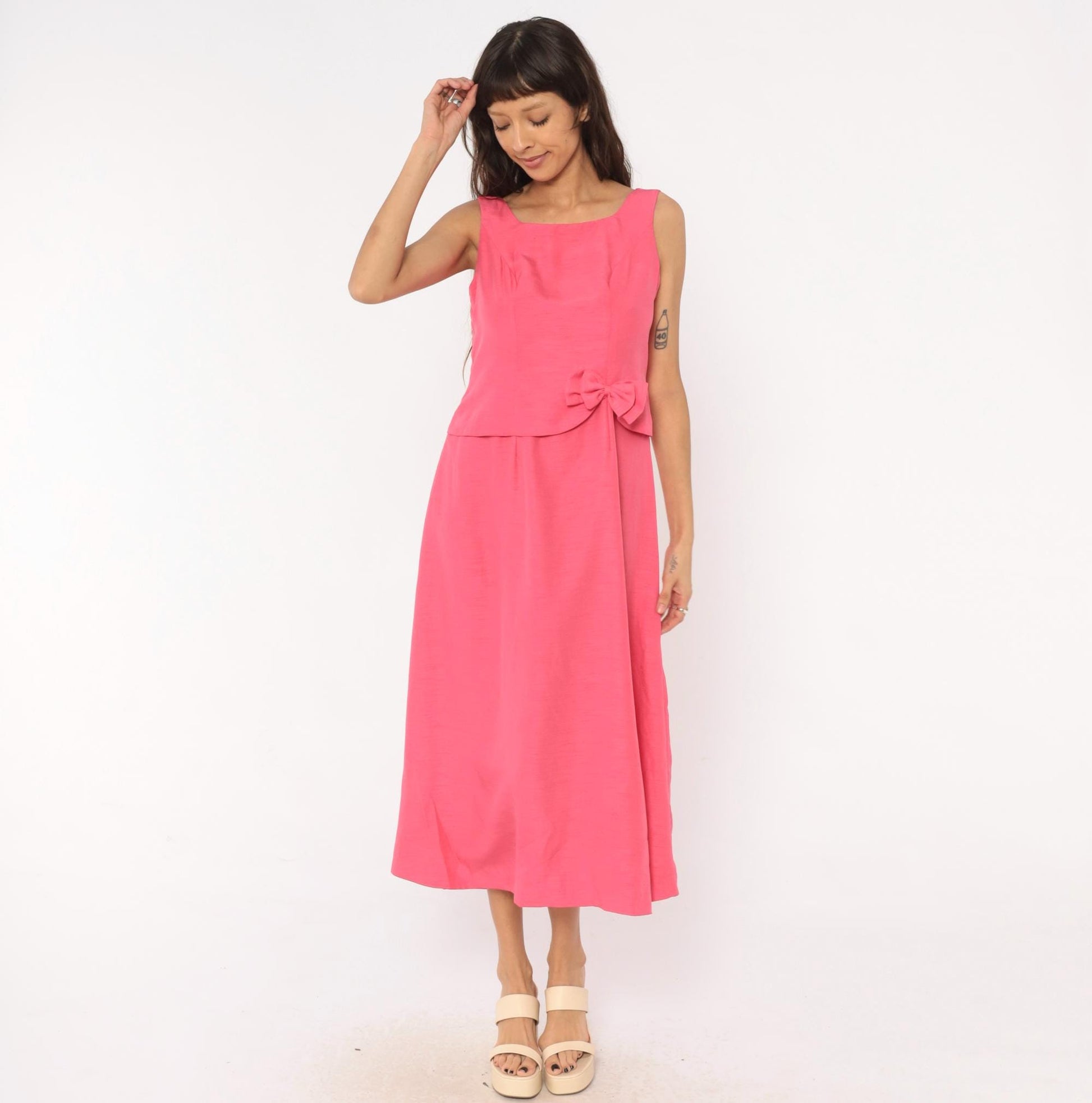 80s Hot Pink Sleeveless Maxi Dress Square Neck Peplum Bow Large L