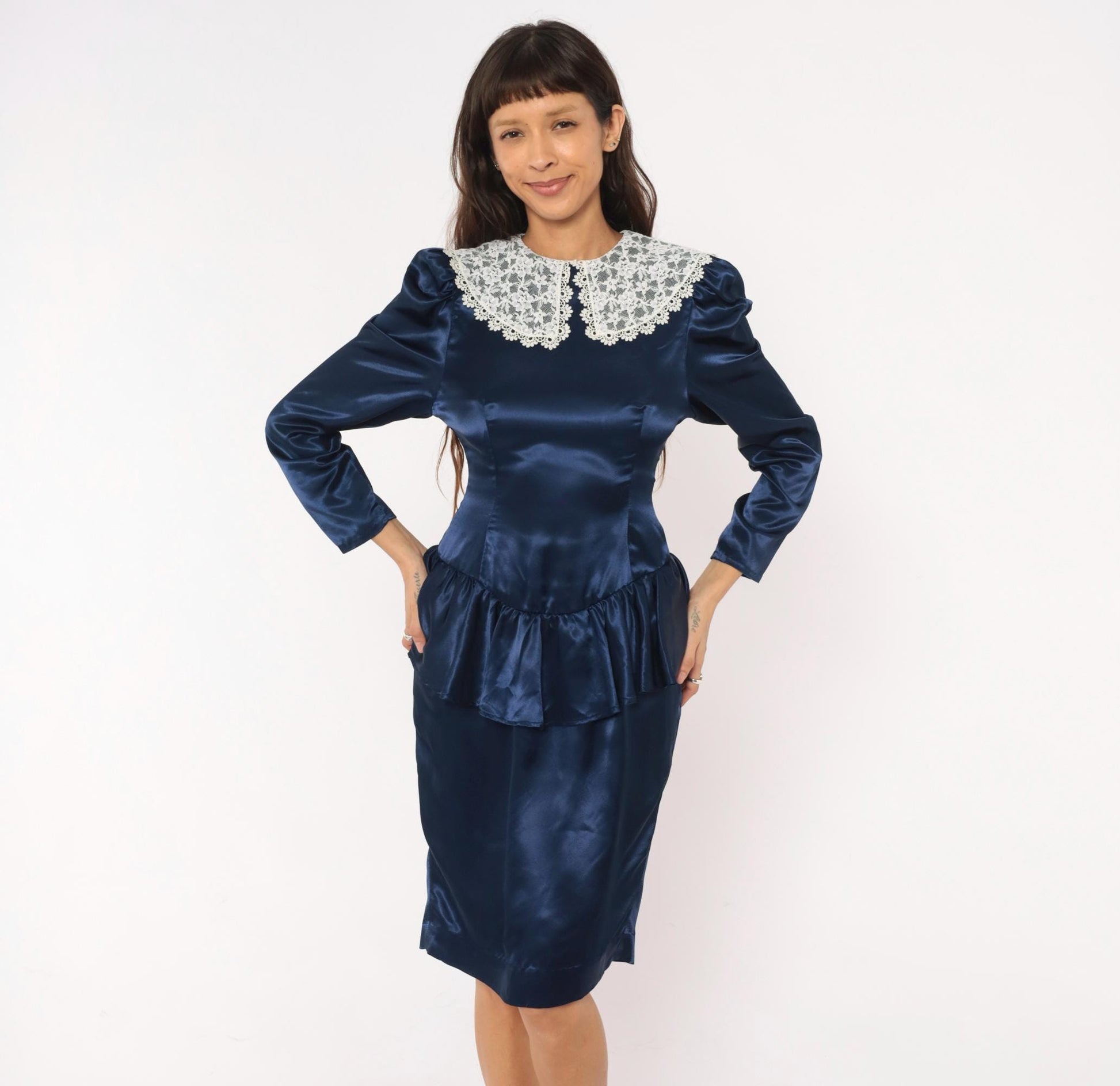 80s Navy Satin Peplum Dress Lace Collar Puff Shoulder Knee Length Small