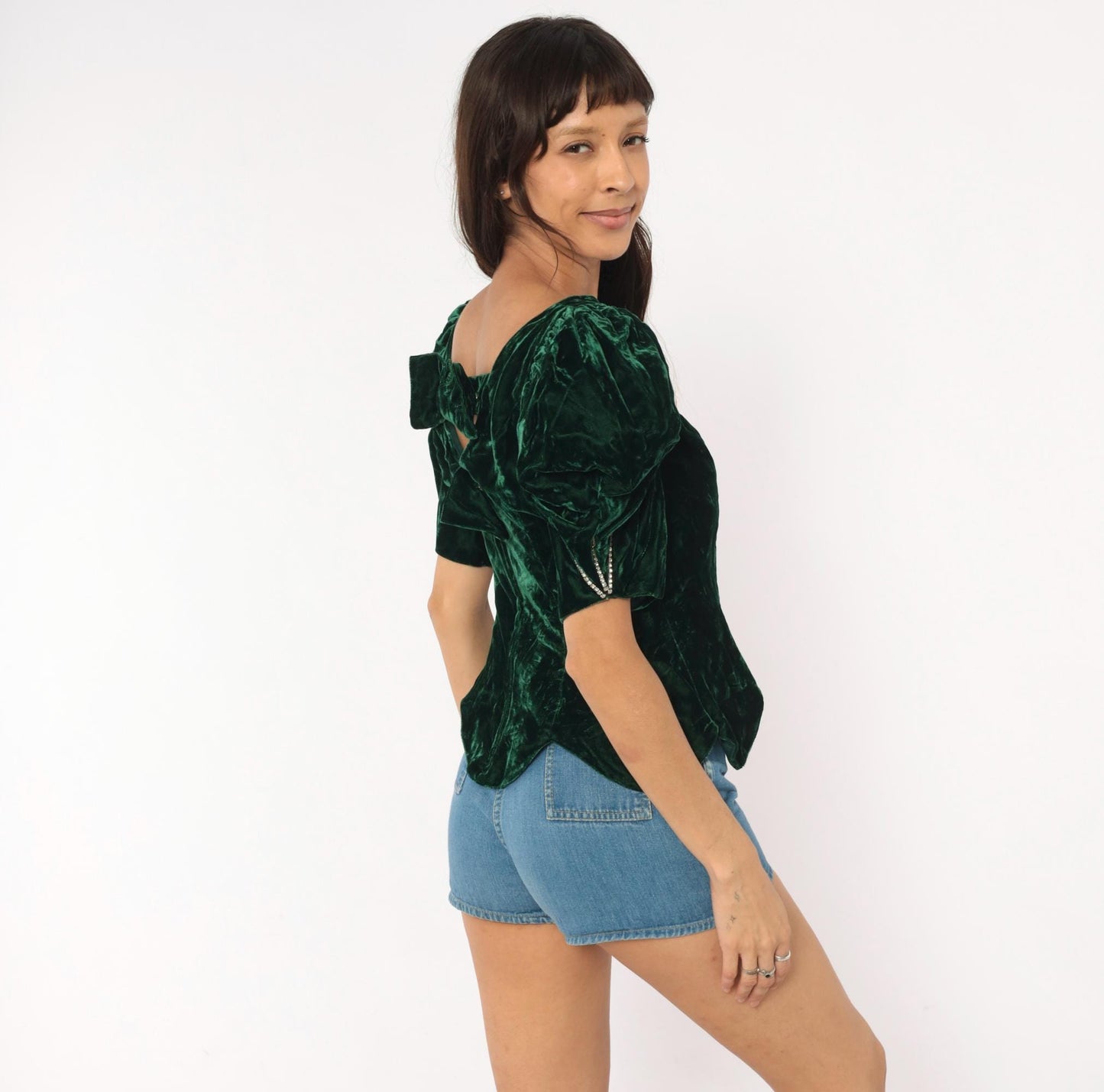 90s Emerald Crushed Velvet Puff Sleeve Blouse Forest Green Rhinestone Bow Back Small S