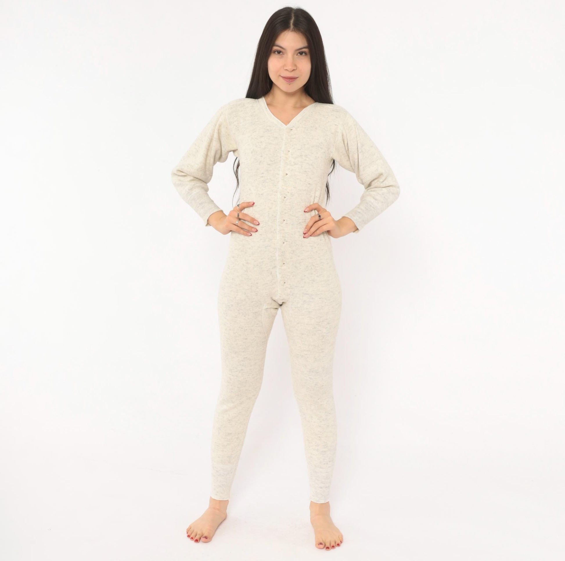 1950s JCPenney Union Suit Oatmeal Heathered Wool Cotton V-Neck Long Johns Extra Small XS