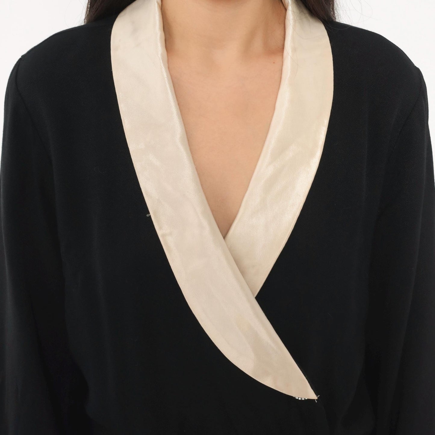 90s RJ & Co Black Jumpsuit Cream Satin Shawl Collar Wrap Front Medium M