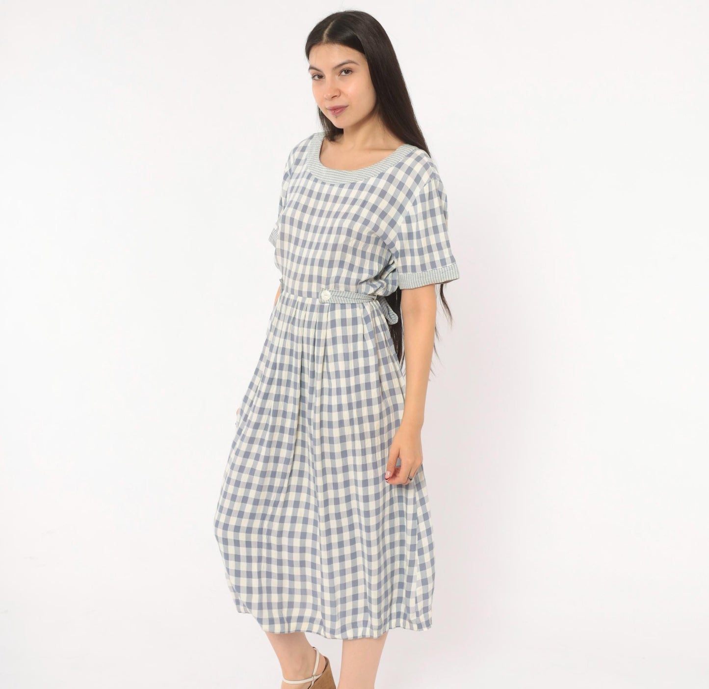90s SL Fashions Gingham Midi Dress Blue White Check Button Back Medium