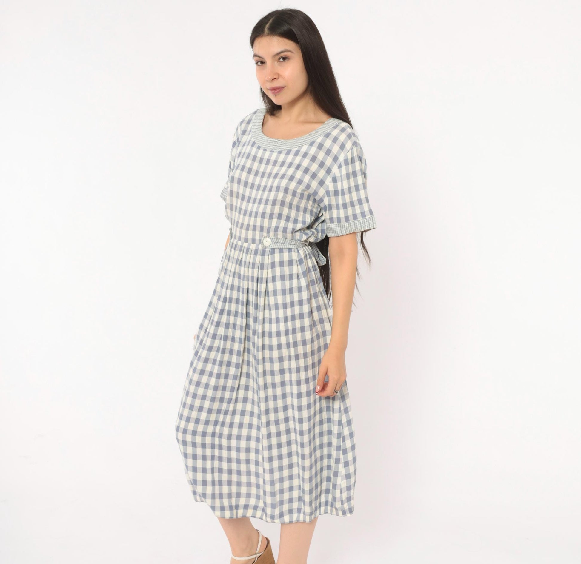 90s SL Fashions Gingham Midi Dress Blue White Check Button Back Medium