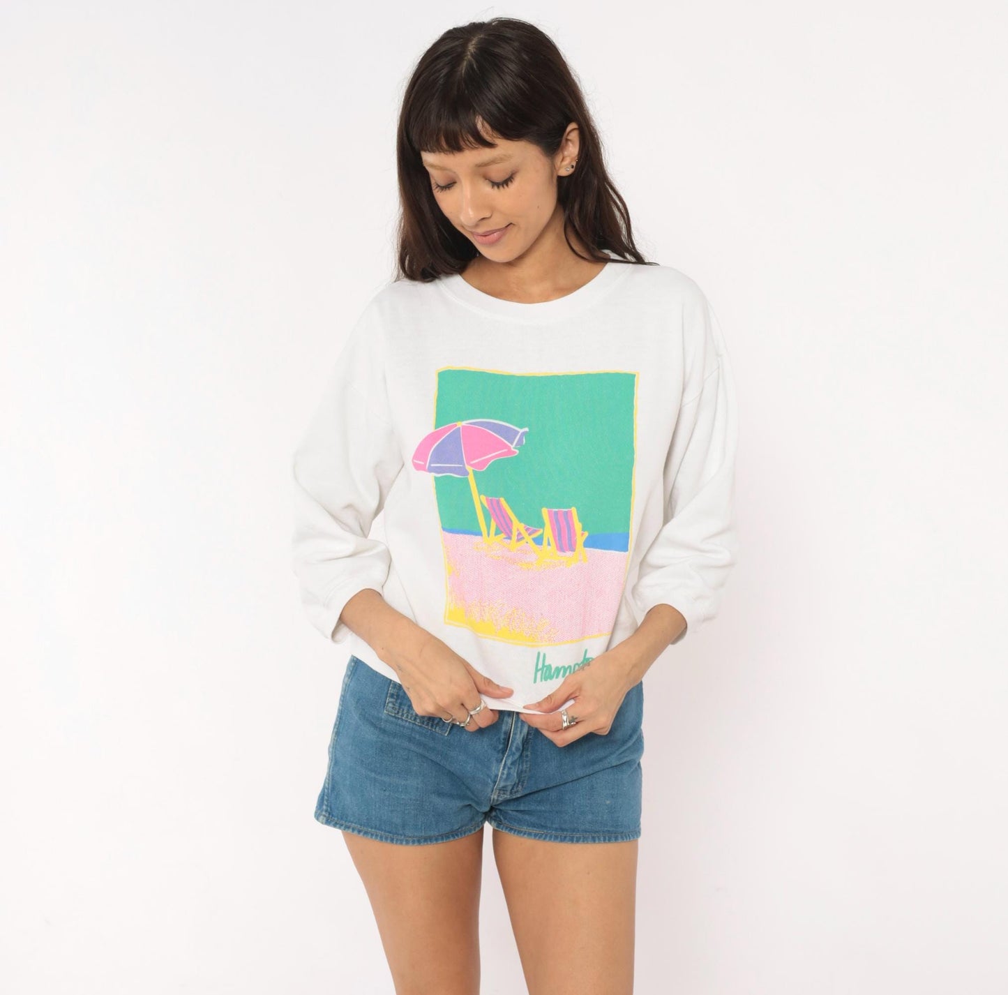 90s Anvil Hamptons Beach Sweatshirt White Pastel Graphic Cropped Medium M