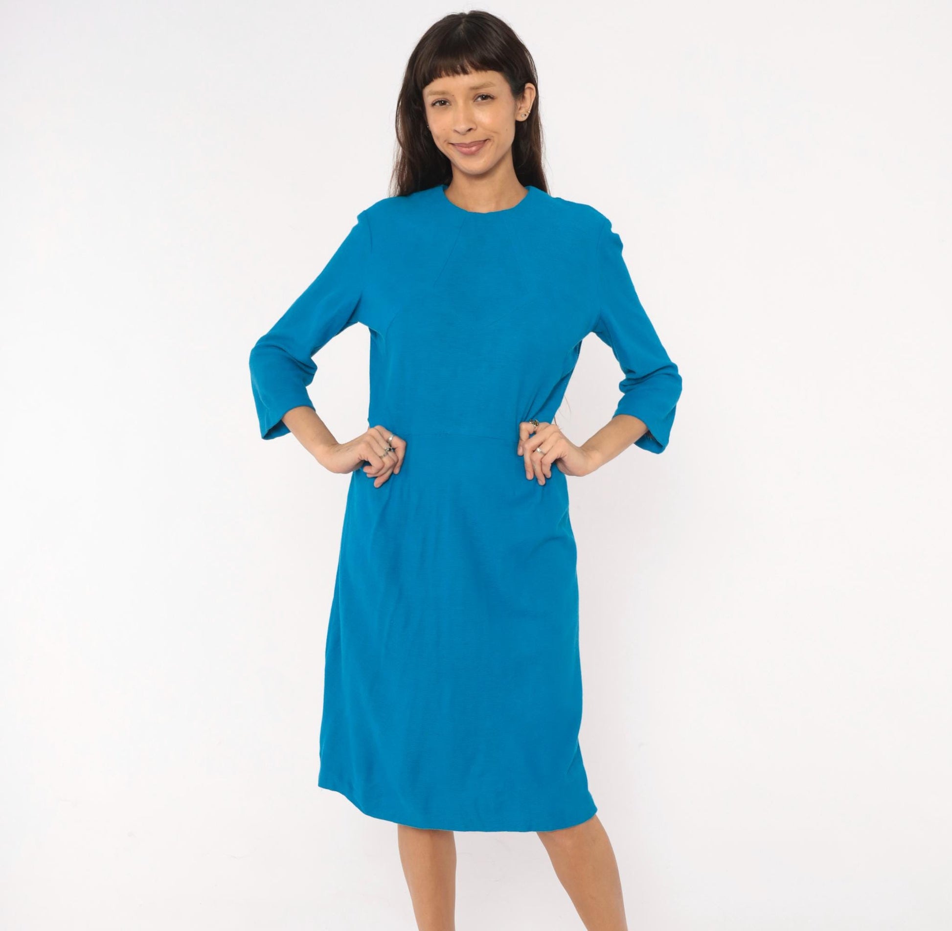 60s Cerulean Blue Sheath Dress Three Quarter Sleeve Chevron Mod Medium M