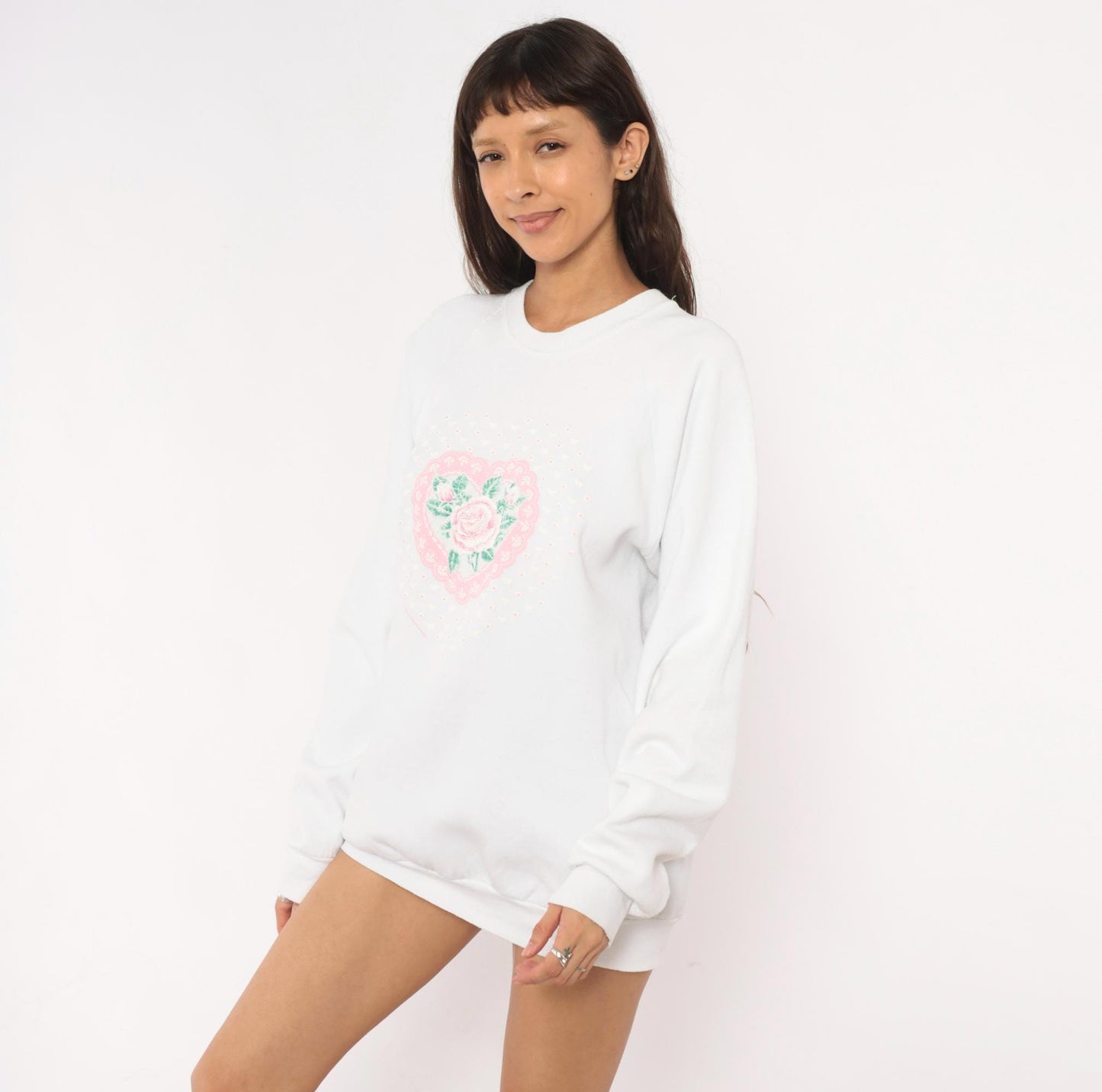 90s Fruit Of The Loom Rose Heart Lace Sweatshirt White Pink Raglan Extra Large XL
