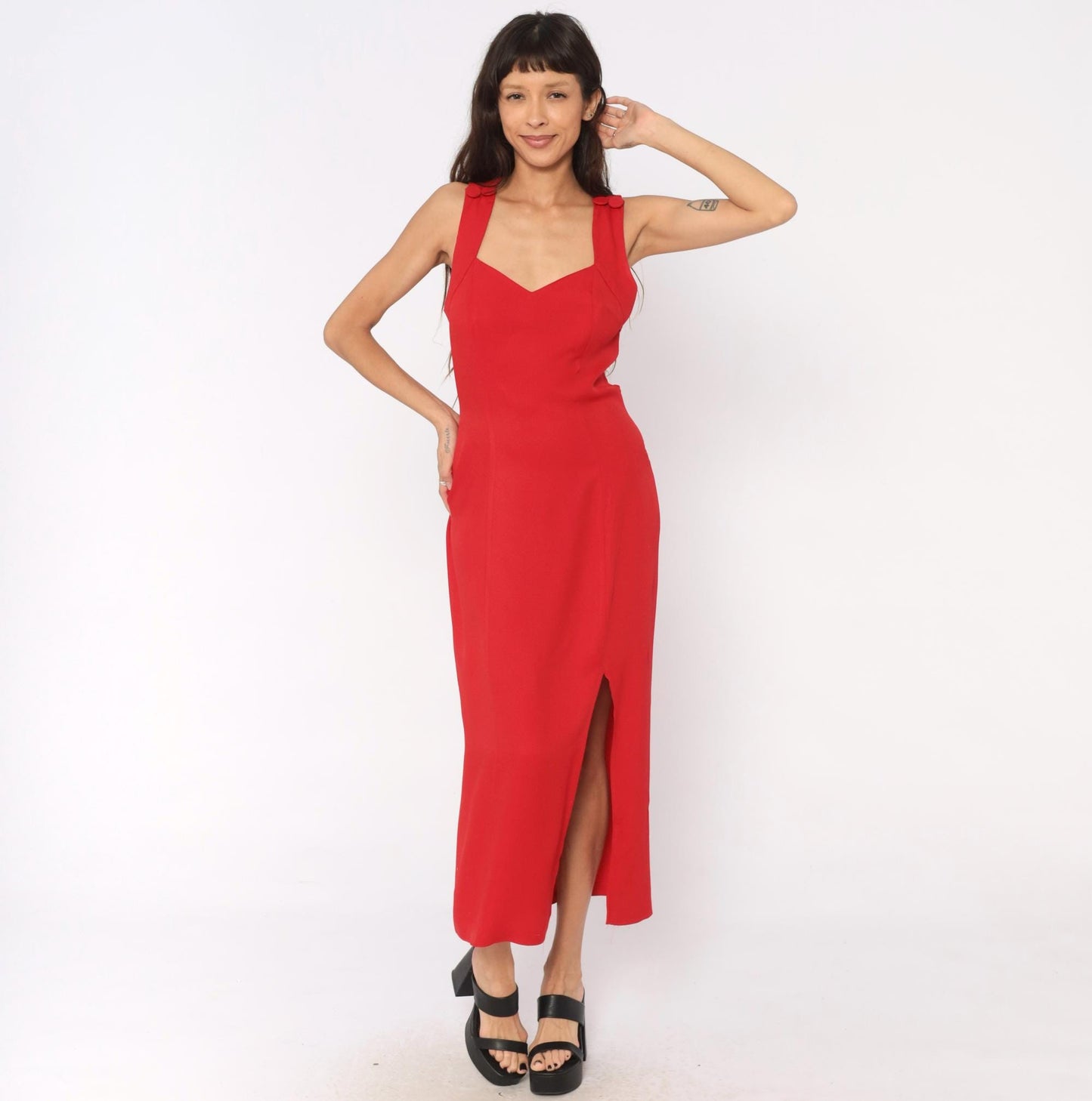 90s Red Midi Dress Sweetheart Neckline Crossback Open Back Medium Large