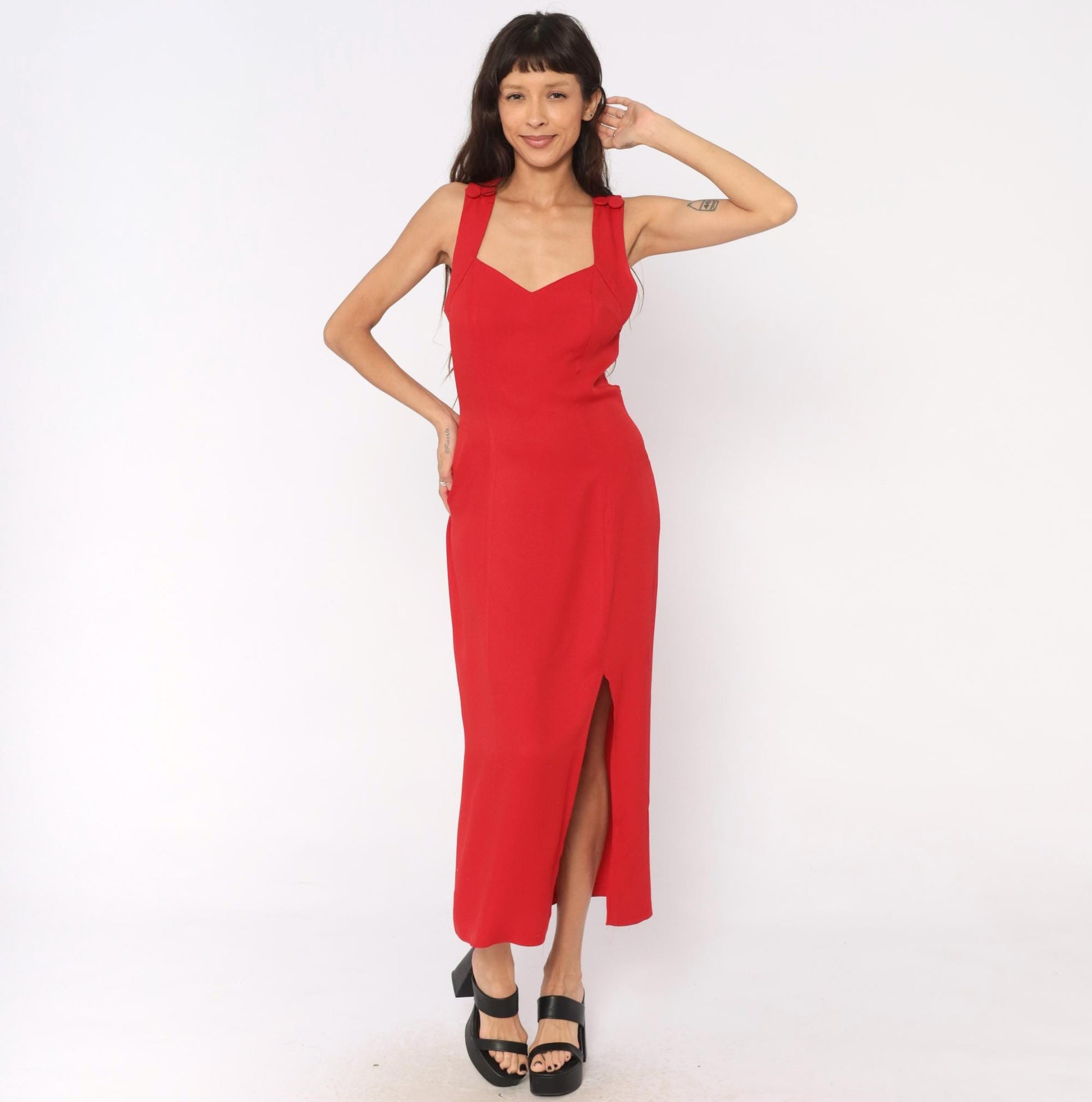 90s Red Midi Dress Sweetheart Neckline Crossback Open Back Medium Large