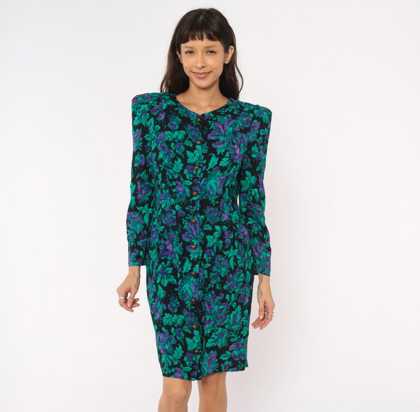 90s Petite Jazz Floral Button-Front Dress Teal Black Botanical Shoulder Pad Large